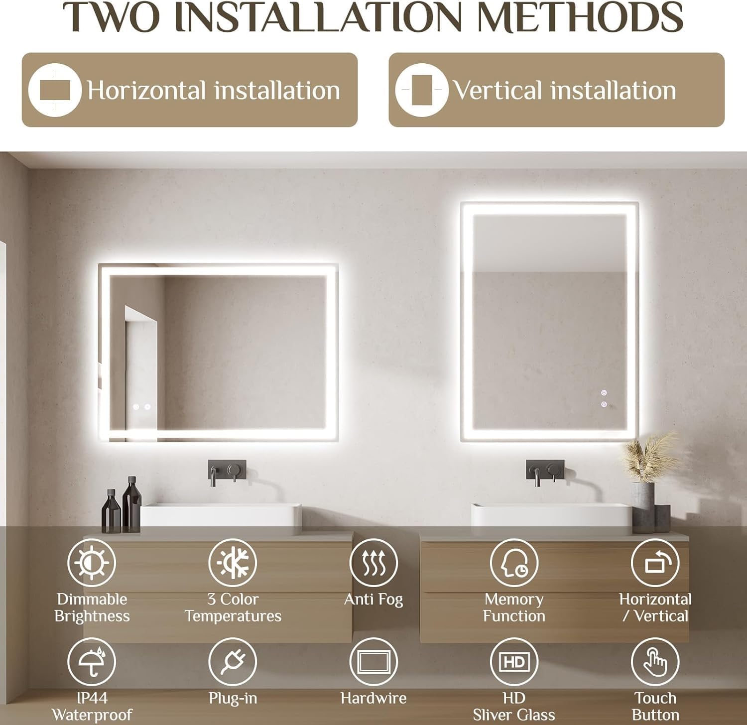 Clevich Bathroom Mirror with Lighting, 80 x 60 cm, LED Mirror with 3 Light Colours, Dimmable, Tempered Glass, Explosion Protection, Touch Switch, Memory Function, Anti-Fog, Bathroom Mirror with Light - Carlat