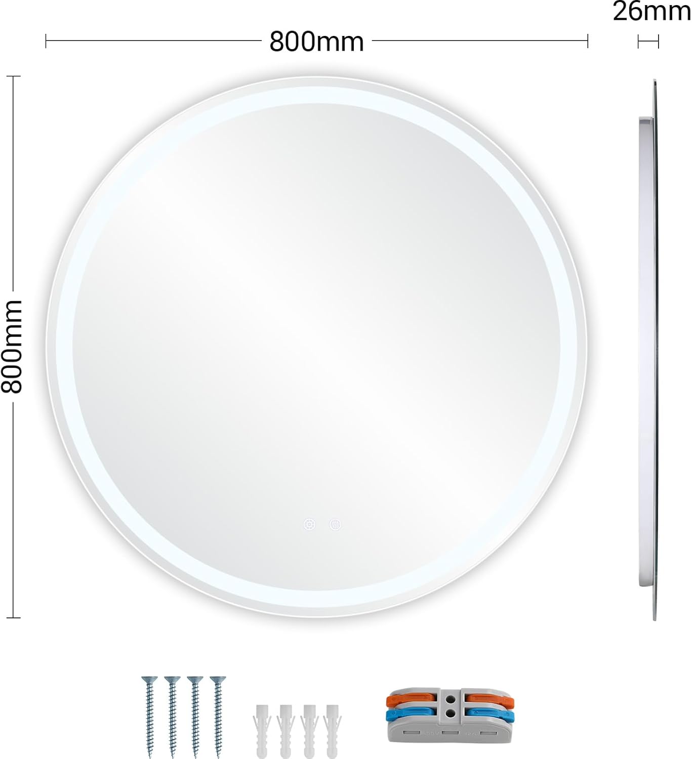 Clevich Round Bathroom Mirror with Lighting, 80 cm, Round Mirror with Lighting, Bathroom Wall Mirror, 3 Light Colours, Dimmable, Bathroom Mirror with Touch Switch and Anti-Fogging, 3000 K - 6500 K - Carlat