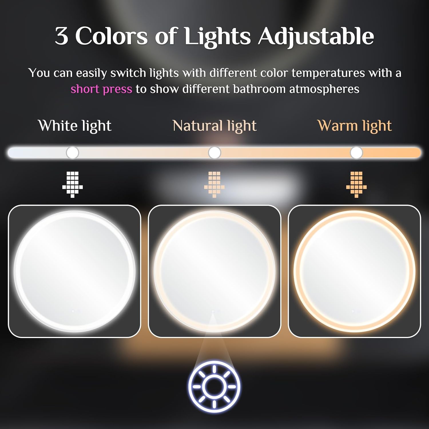Clevich Round Bathroom Mirror with Lighting, 80 cm, Round Mirror with Lighting, Bathroom Wall Mirror, 3 Light Colours, Dimmable, Bathroom Mirror with Touch Switch and Anti-Fogging, 3000 K - 6500 K - Carlat