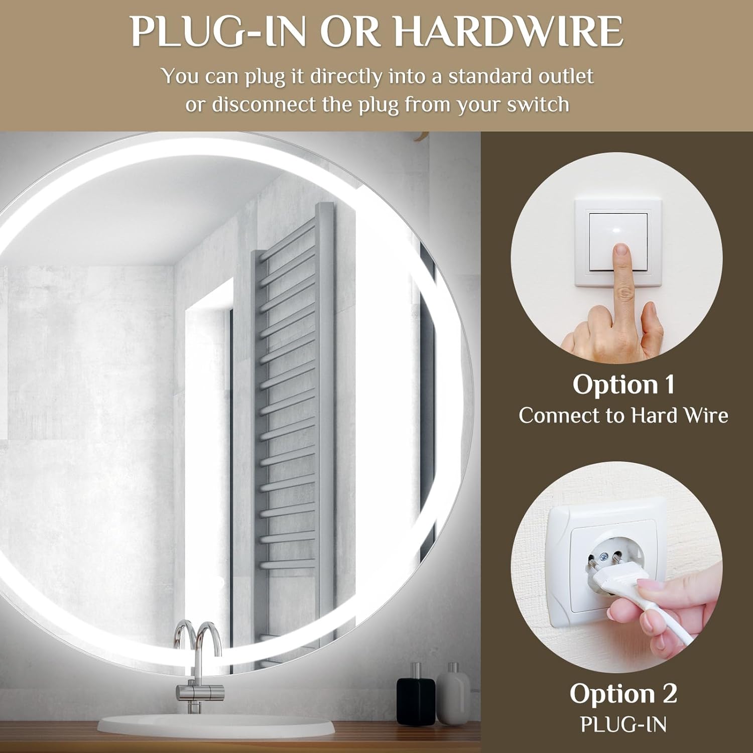 Clevich Round Bathroom Mirror with Lighting, 80 cm, Round Mirror with Lighting, Bathroom Wall Mirror, 3 Light Colours, Dimmable, Bathroom Mirror with Touch Switch and Anti-Fogging, 3000 K - 6500 K - Carlat