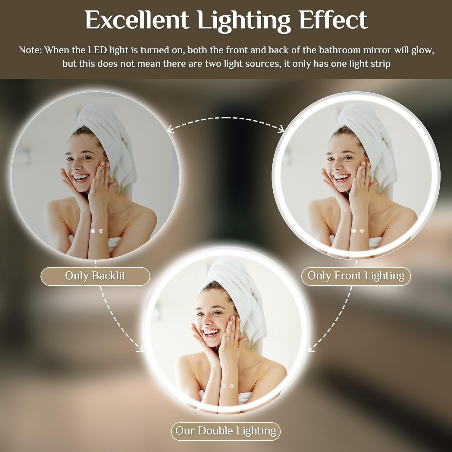 Clevich Round Bathroom Mirror with Lighting, 80 cm, Round Mirror with Lighting, Bathroom Wall Mirror, 3 Light Colours, Dimmable, Bathroom Mirror with Touch Switch and Anti-Fogging, 3000 K - 6500 K - Carlat