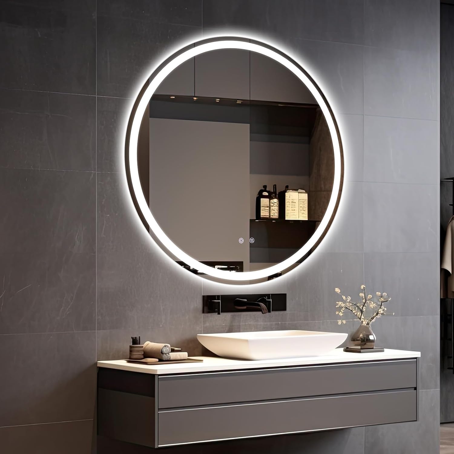 Clevich Round Bathroom Mirror with Lighting, 80 cm, Round Mirror with Lighting, Bathroom Wall Mirror, 3 Light Colours, Dimmable, Bathroom Mirror with Touch Switch and Anti-Fogging, 3000 K - 6500 K - Carlat