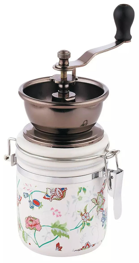 Coffee grinder, ceramic and wood, 8 x 16 cm, with a floral pattern by Kinghoff - Carlat