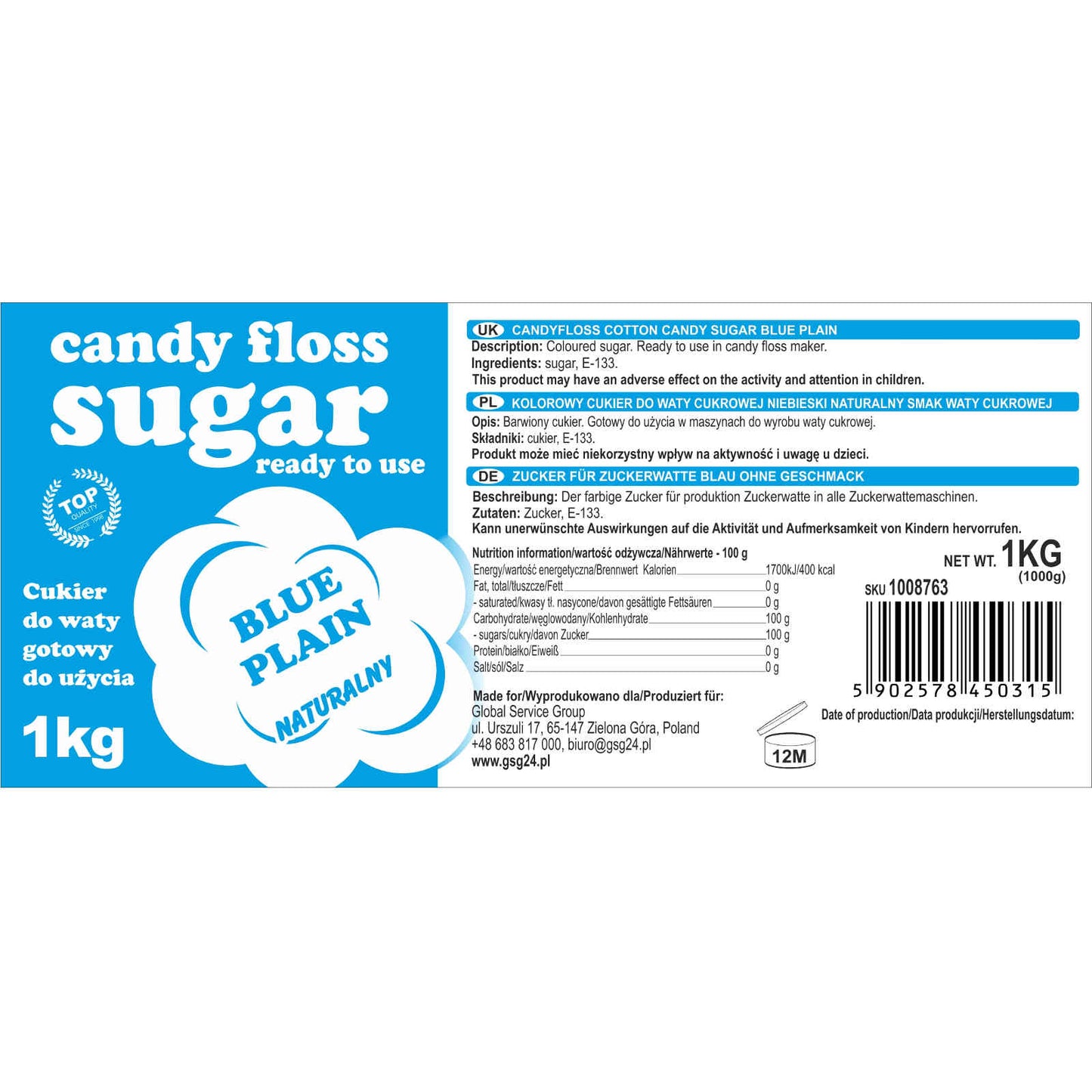 Colorful sugar for cotton candy blue natural taste cotton sugar 1kg - Carlat