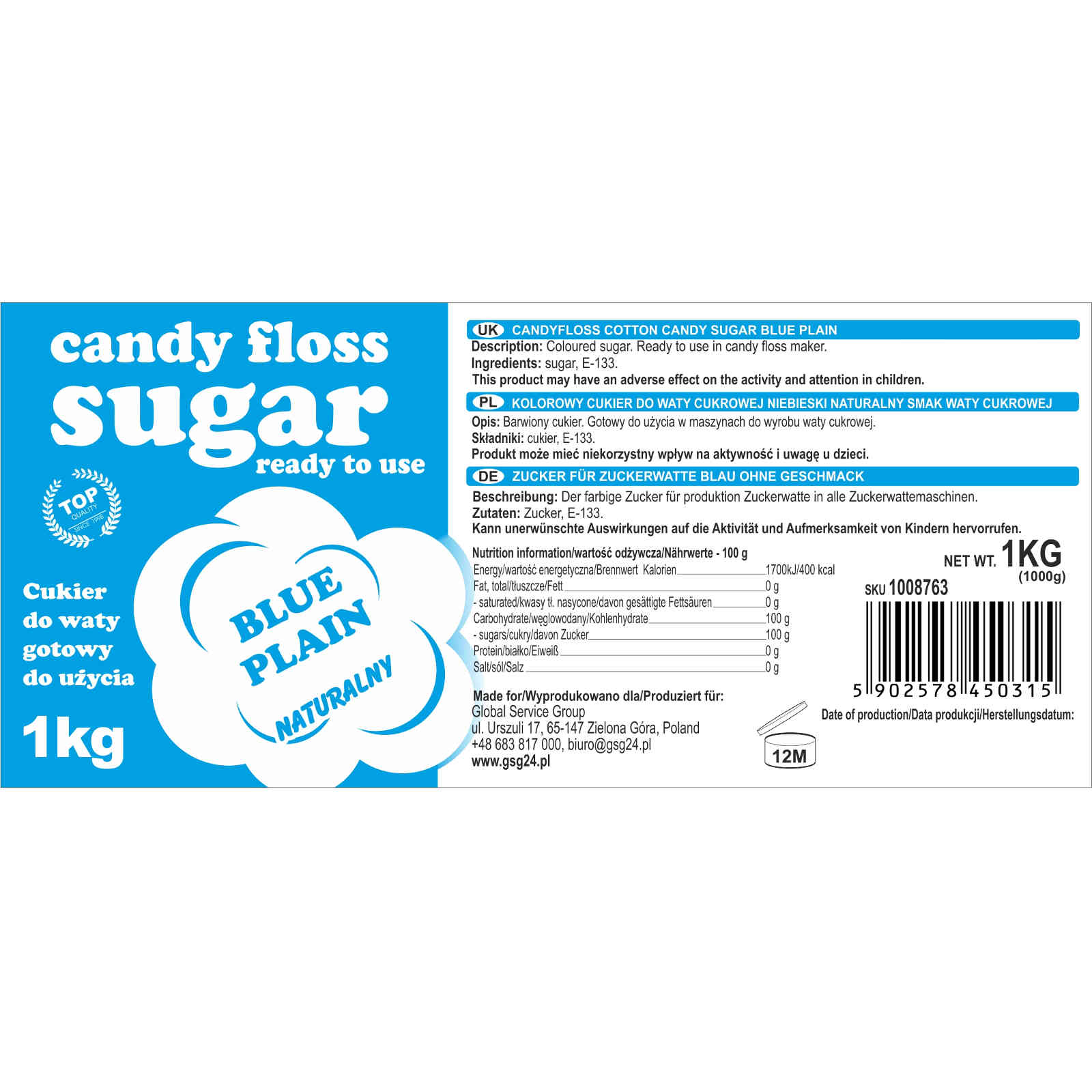 Colorful sugar for cotton candy blue natural taste cotton sugar 1kg - Carlat