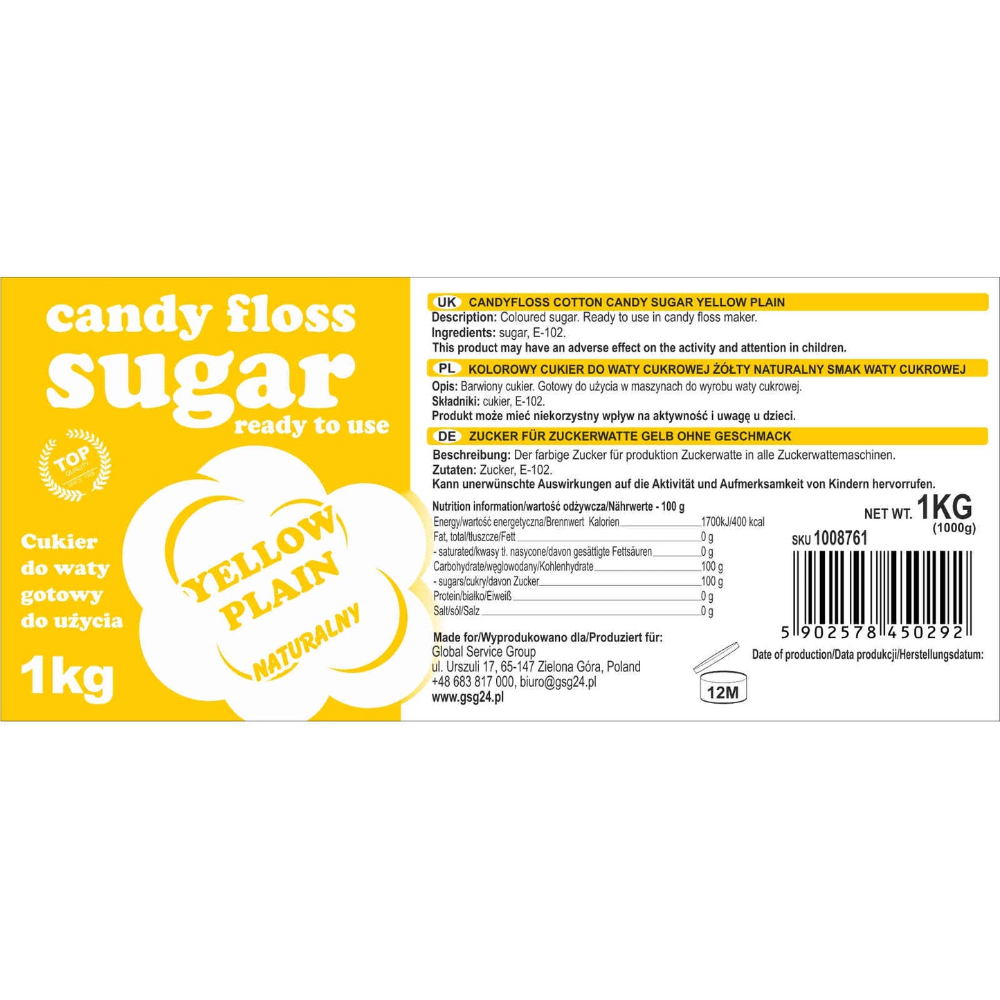 Colorful sugar to cotton candy yellow natural taste cotton sugar 1kg - Carlat