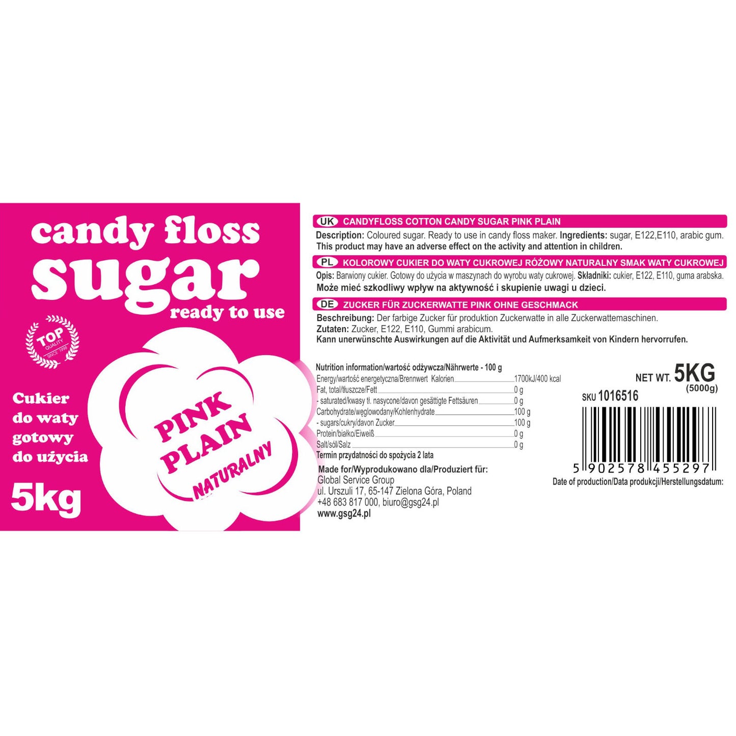 Coloured sugar for cotton cotton red with natural flavor 5kg - Carlat