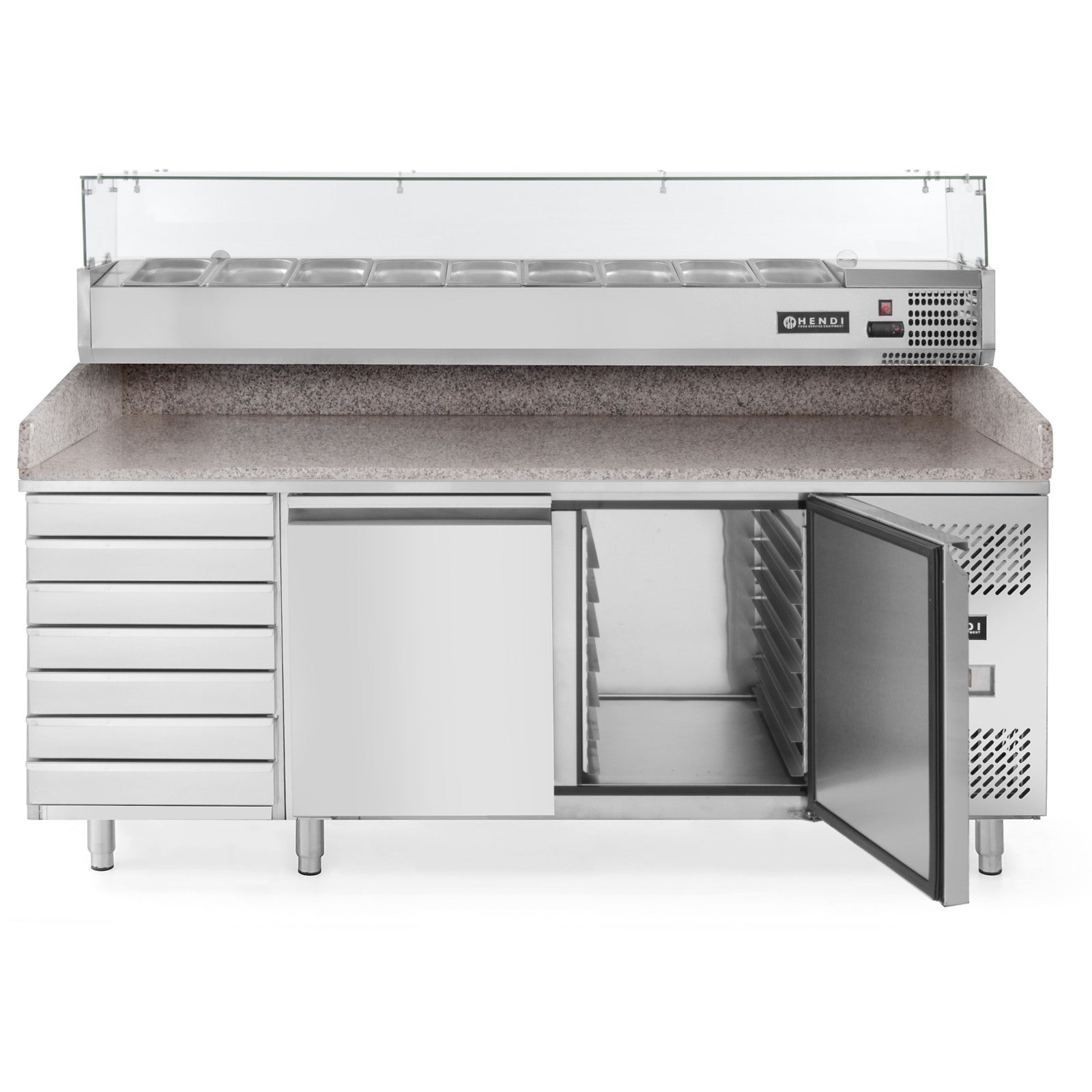 Commercial Refrigerators – Refrigerated pizza table, 2-door, 7 drawers, granite - Carlat