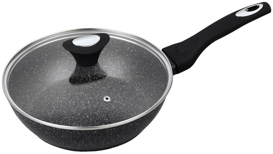 Deep frying pan with lid, aluminum, gray marble pattern, 24 cm diameter, Klausberg - Carlat