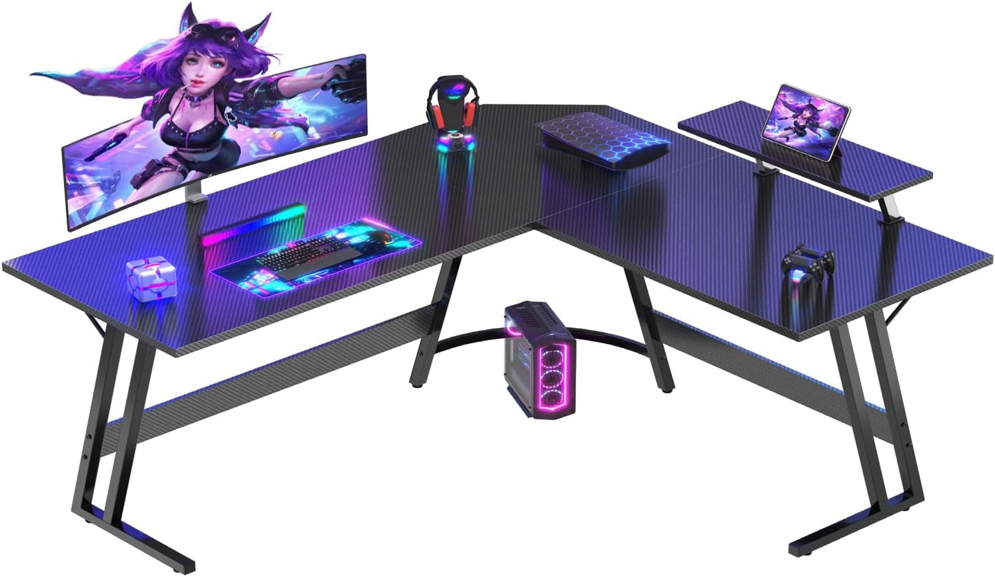 Devoko Gaming Table L Shape with Monitor Stand, Corner Desk for Gamers, Gaming Desk L Shape, Large PC Computer Desk, 120 x 120 cm, Carbon Fibre Black - Carlat
