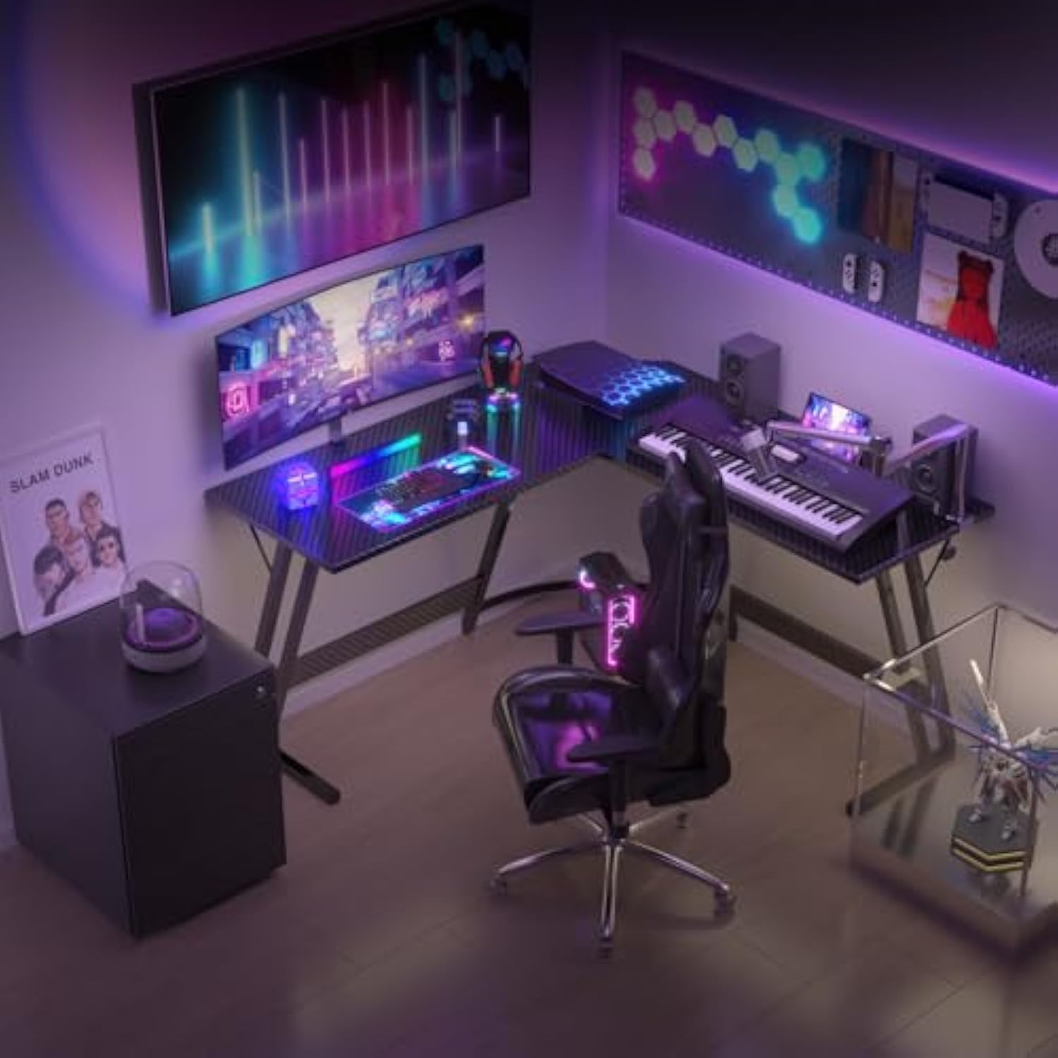 Devoko Gaming Table L Shape with Monitor Stand, Corner Desk for Gamers, Gaming Desk L Shape, Large PC Computer Desk, 120 x 120 cm, Carbon Fibre Black - Carlat