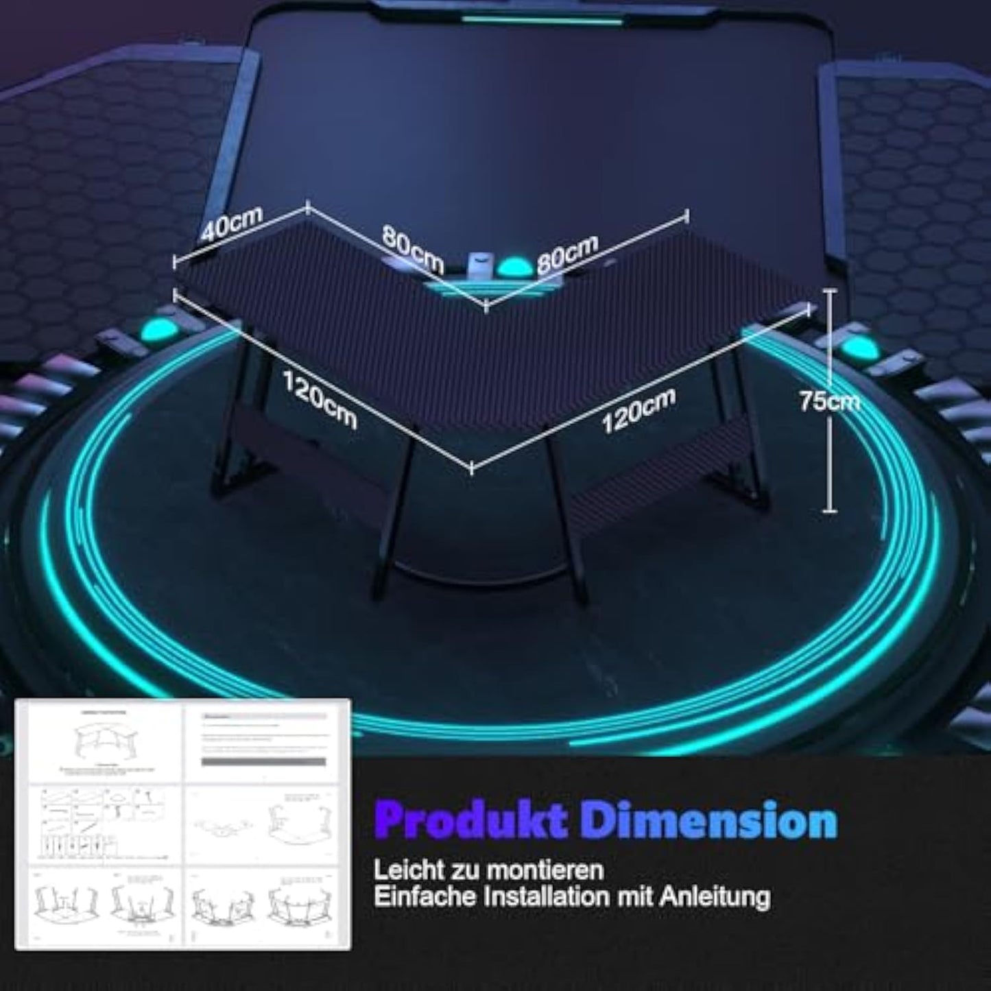 Devoko Gaming Table L Shape with Monitor Stand, Corner Desk for Gamers, Gaming Desk L Shape, Large PC Computer Desk, 120 x 120 cm, Carbon Fibre Black - Carlat