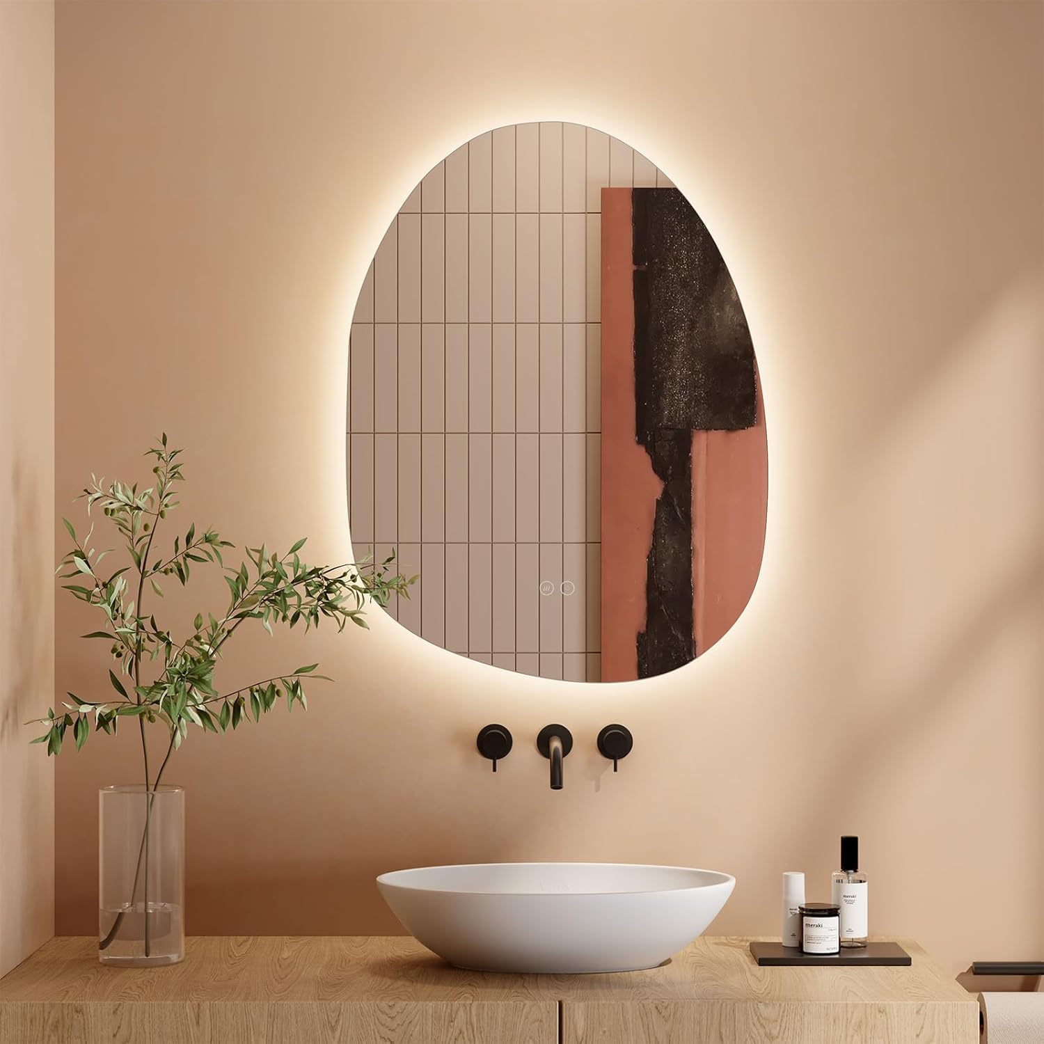 Dripex Bathroom Mirror, LED Bathroom Mirror, Asymmetrical, Touch Switch, Dimmable, 3 Light Colours, Adjustable Bathroom Mirror with Lighting, Organic Wall Mirror, Anti-Fog, 85 x 52 cm - Carlat