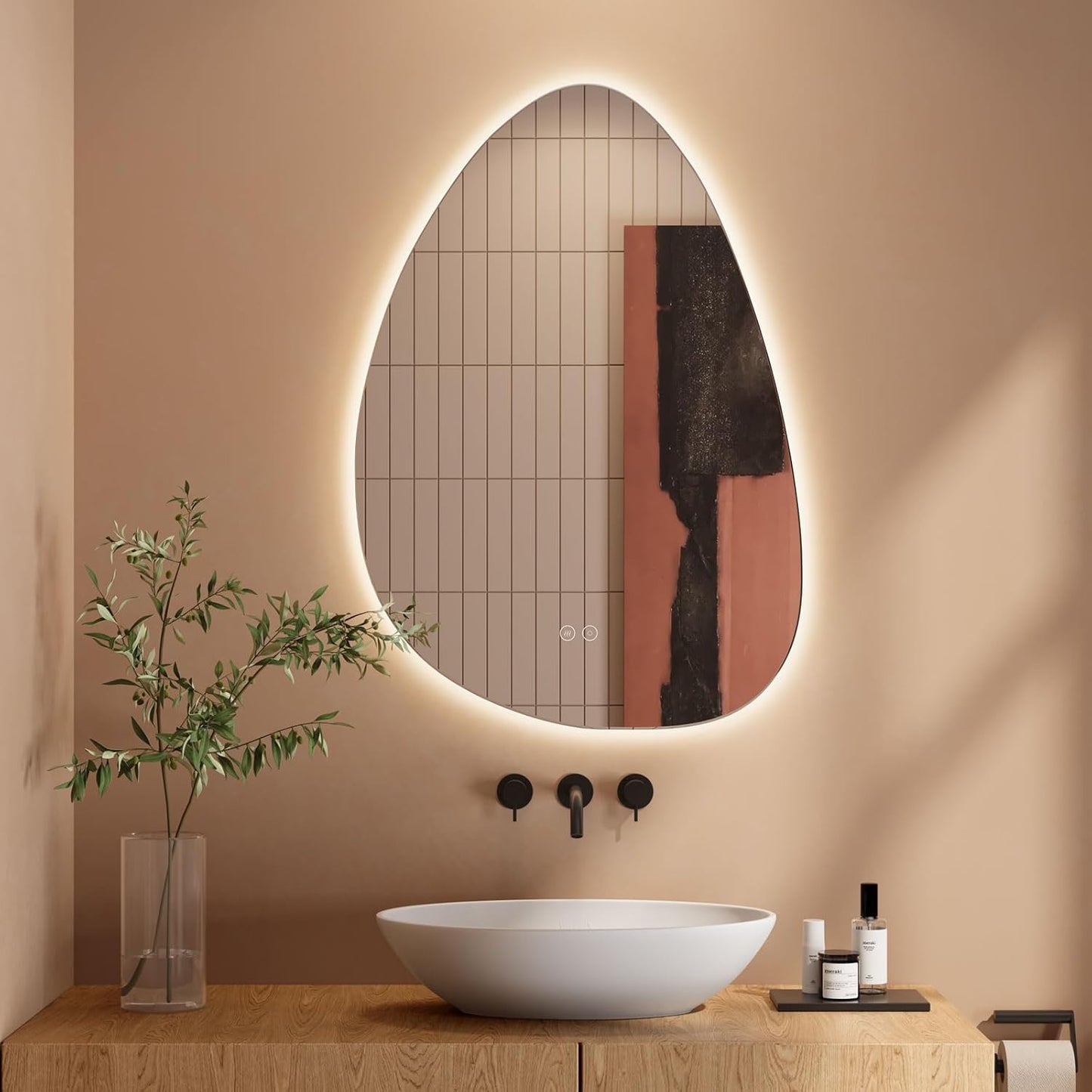 Dripex Bathroom Mirror, LED Bathroom Mirror, Asymmetrical, Touch Switch, Dimmable, 3 Light Colours, Adjustable Bathroom Mirror with Lighting, Organic Wall Mirror, Anti-Fog, 85 x 52 cm - Carlat