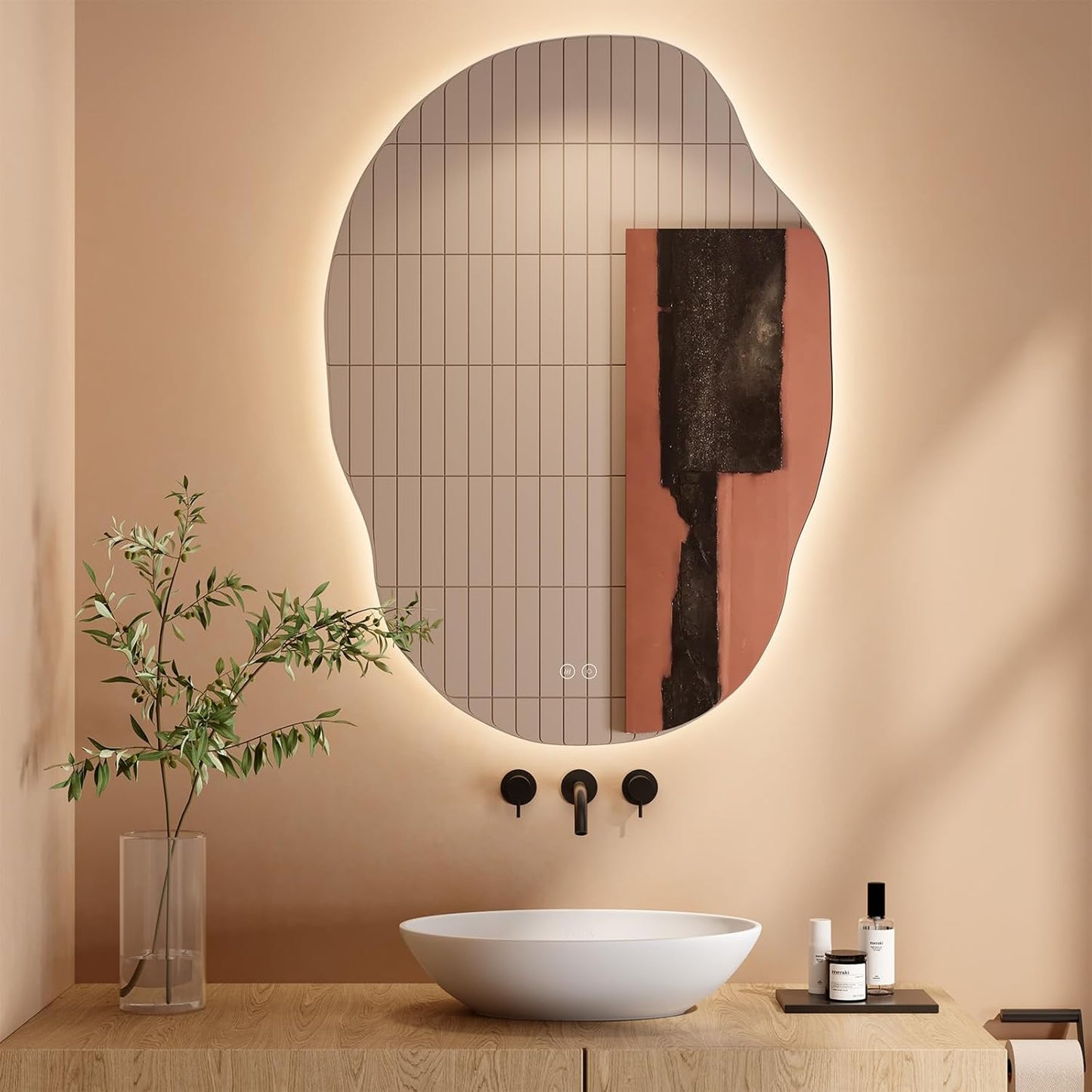 Dripex Bathroom Mirror, LED Bathroom Mirror, Asymmetrical, Touch Switch, Dimmable, 3 Light Colours, Adjustable Bathroom Mirror with Lighting, Organic Wall Mirror, Anti-Fog, 85 x 52 cm - Carlat