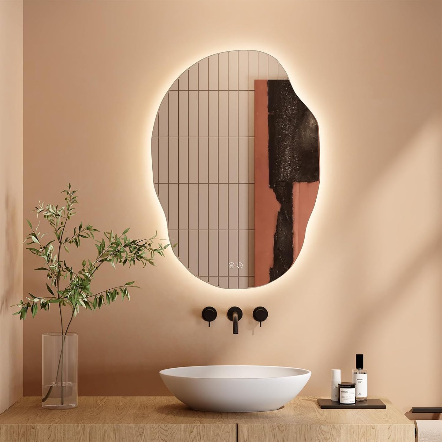 Dripex Bathroom Mirror, LED Bathroom Mirror, Asymmetrical, Touch Switch, Dimmable, 3 Light Colours, Adjustable Bathroom Mirror with Lighting, Organic Wall Mirror, Anti-Fog, 85 x 52 cm - Carlat