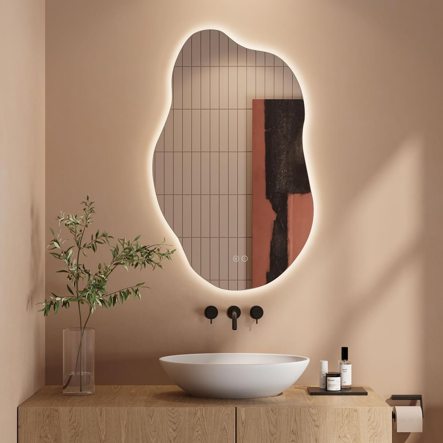 Dripex Bathroom Mirror, LED Bathroom Mirror, Asymmetrical, Touch Switch, Dimmable, 3 Light Colours, Adjustable Bathroom Mirror with Lighting, Organic Wall Mirror, Anti-Fog, 85 x 52 cm - Carlat