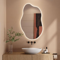 Dripex Bathroom Mirror, LED Bathroom Mirror, Asymmetrical, Touch Switch, Dimmable, 3 Light Colours, Adjustable Bathroom Mirror with Lighting, Organic Wall Mirror, Anti-Fog, 85 x 52 cm - Carlat