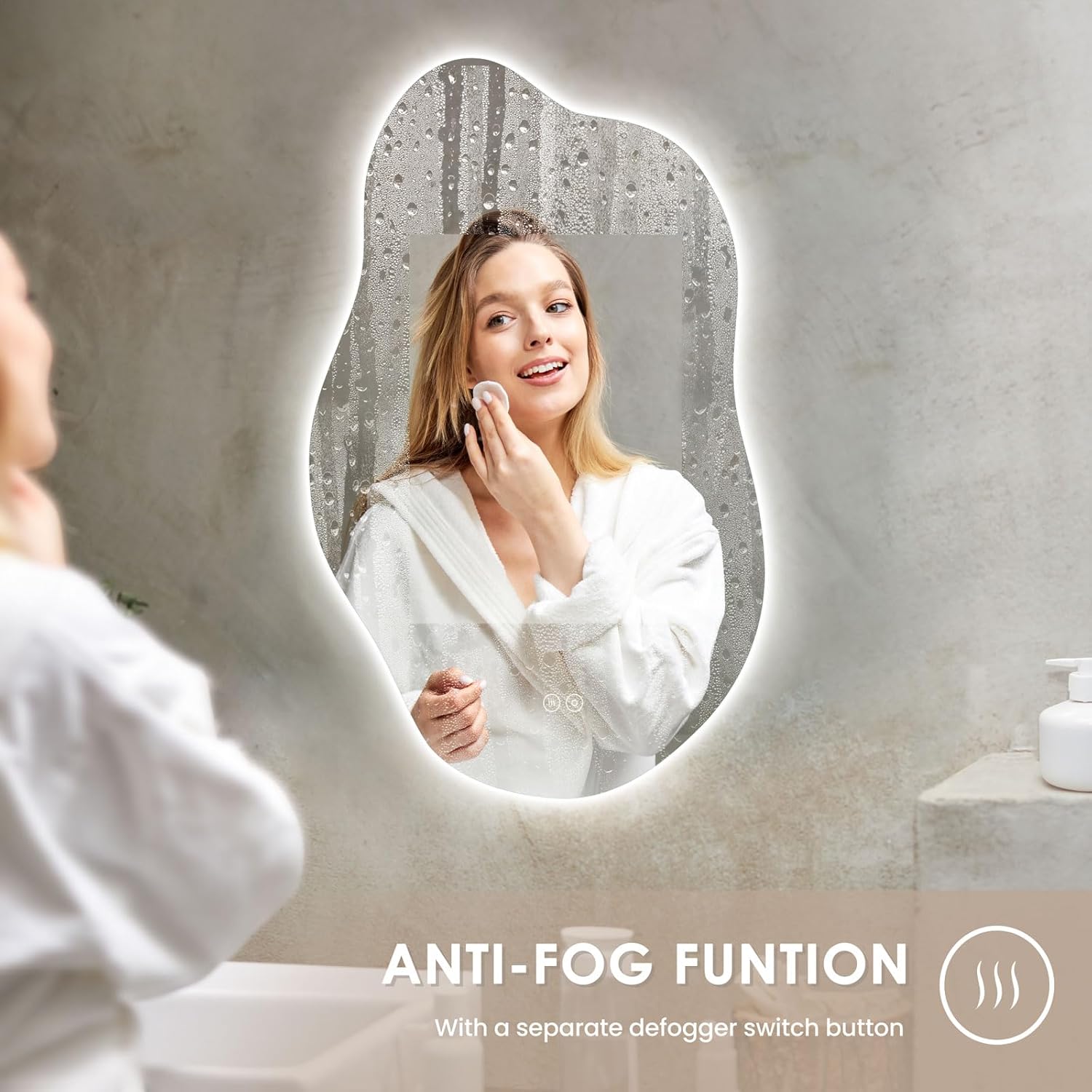 Dripex Bathroom Mirror, LED Bathroom Mirror, Asymmetrical, Touch Switch, Dimmable, 3 Light Colours, Adjustable Bathroom Mirror with Lighting, Organic Wall Mirror, Anti-Fog, 85 x 52 cm - Carlat