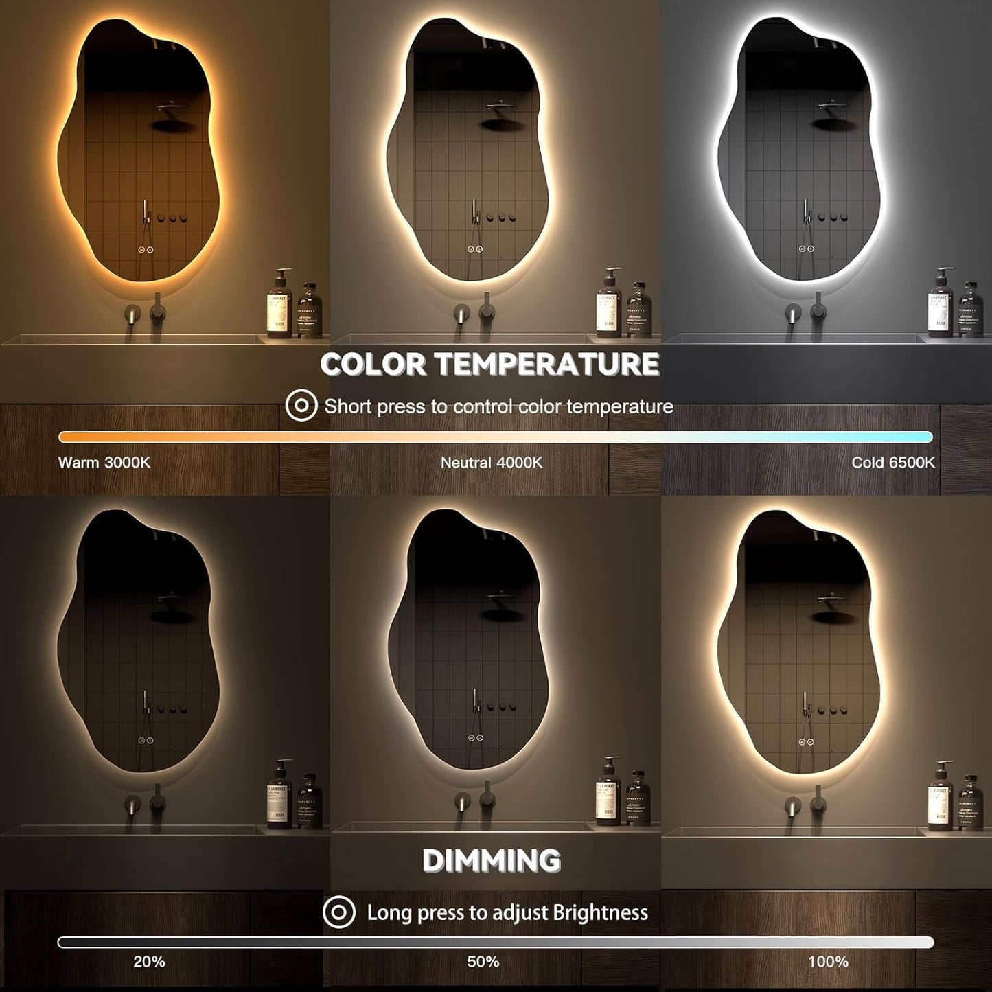 Dripex Bathroom Mirror, LED Bathroom Mirror, Asymmetrical, Touch Switch, Dimmable, 3 Light Colours, Adjustable Bathroom Mirror with Lighting, Organic Wall Mirror, Anti-Fog, 85 x 52 cm - Carlat