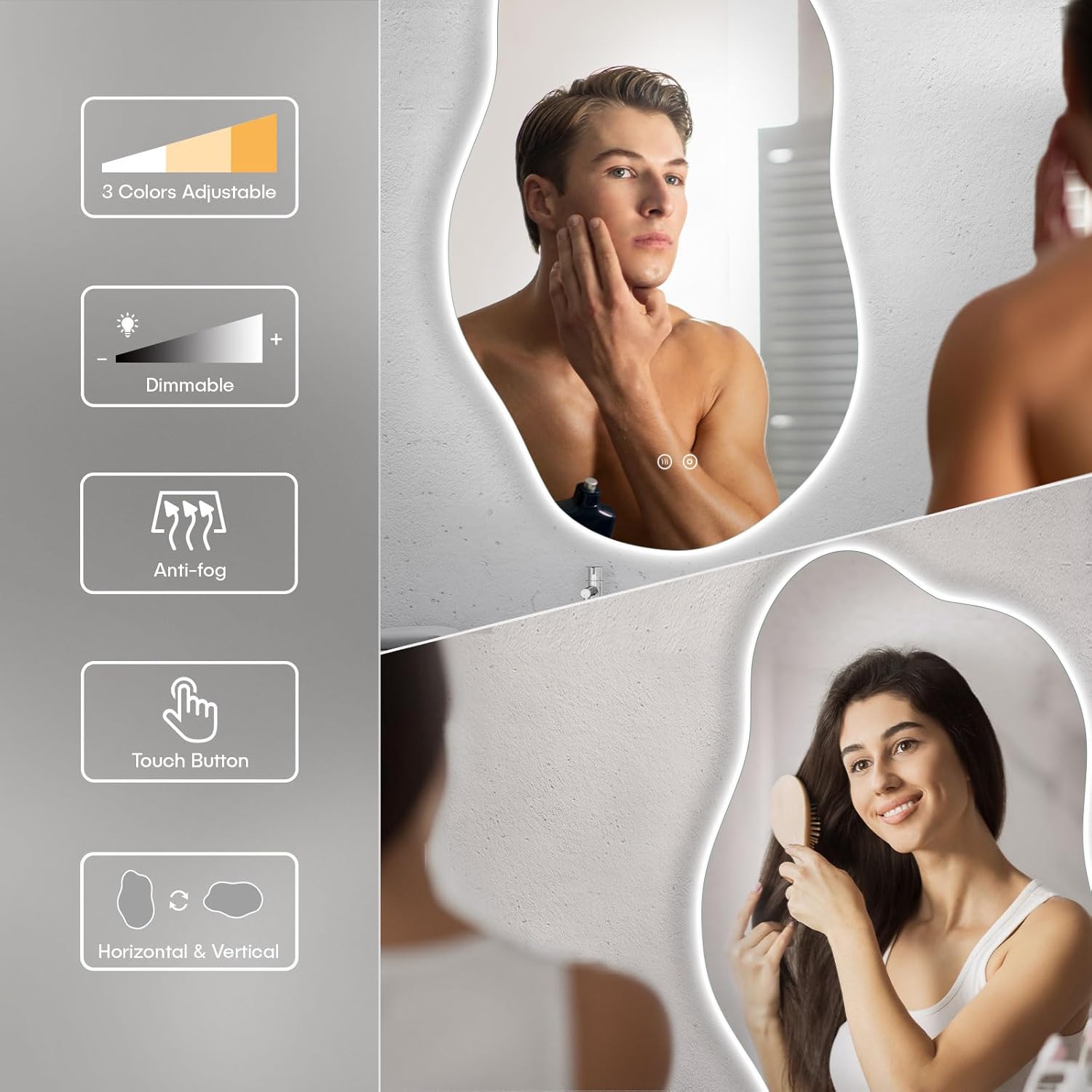 Dripex Bathroom Mirror, LED Bathroom Mirror, Asymmetrical, Touch Switch, Dimmable, 3 Light Colours, Adjustable Bathroom Mirror with Lighting, Organic Wall Mirror, Anti-Fog, 85 x 52 cm - Carlat