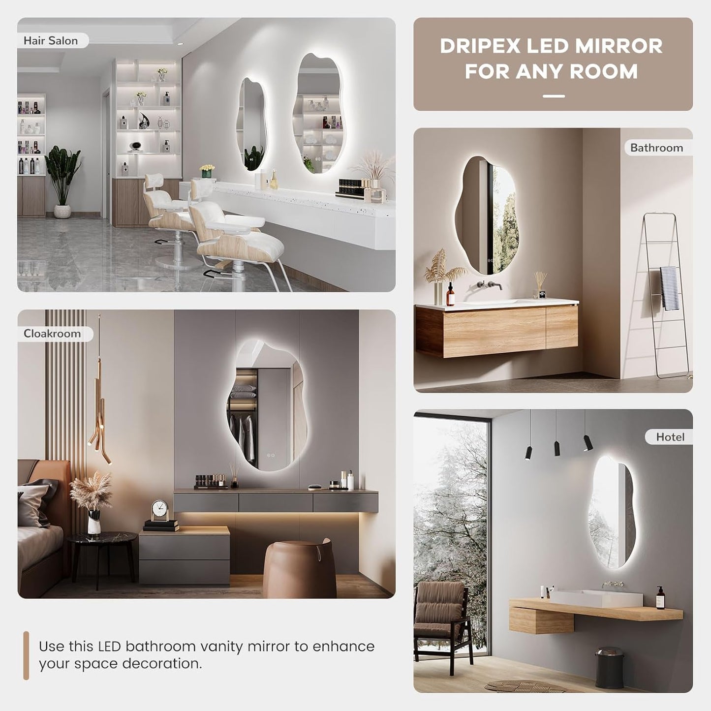 Dripex Bathroom Mirror, LED Bathroom Mirror, Asymmetrical, Touch Switch, Dimmable, 3 Light Colours, Adjustable Bathroom Mirror with Lighting, Organic Wall Mirror, Anti-Fog, 85 x 52 cm - Carlat