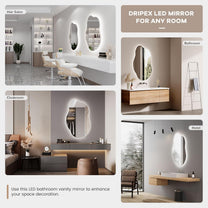 Dripex Bathroom Mirror, LED Bathroom Mirror, Asymmetrical, Touch Switch, Dimmable, 3 Light Colours, Adjustable Bathroom Mirror with Lighting, Organic Wall Mirror, Anti-Fog, 85 x 52 cm - Carlat