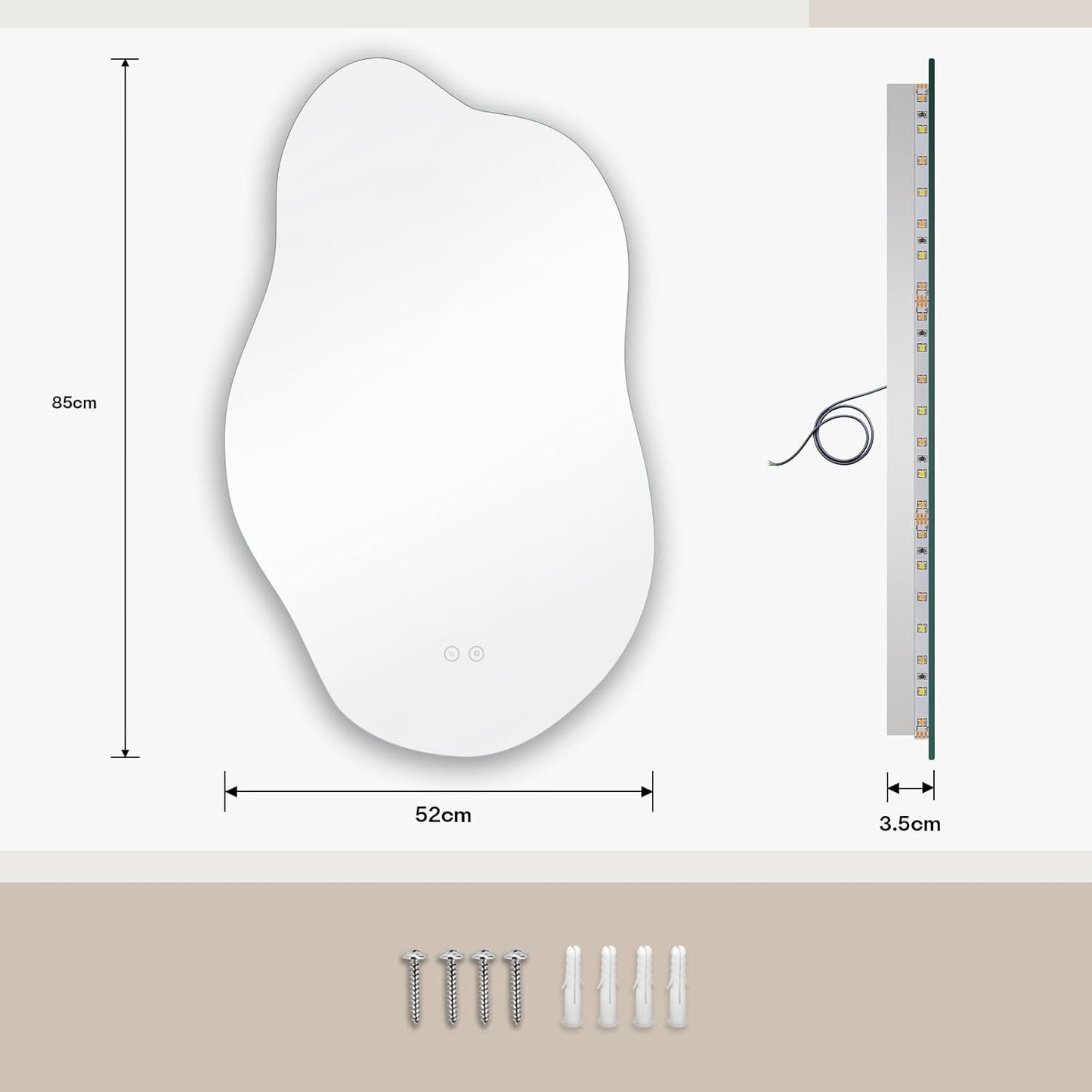 Dripex Bathroom Mirror, LED Bathroom Mirror, Asymmetrical, Touch Switch, Dimmable, 3 Light Colours, Adjustable Bathroom Mirror with Lighting, Organic Wall Mirror, Anti-Fog, 85 x 52 cm - Carlat