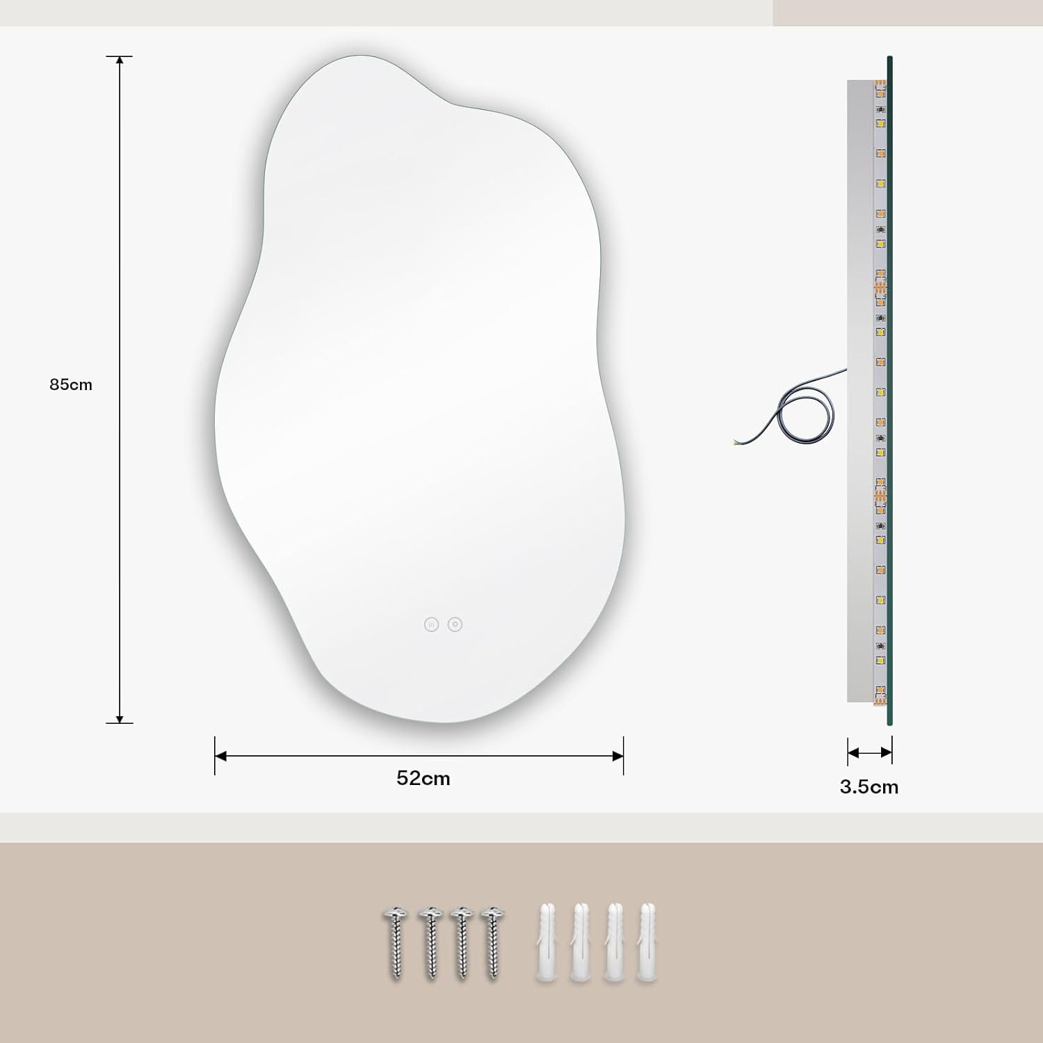 Dripex Bathroom Mirror, LED Bathroom Mirror, Asymmetrical, Touch Switch, Dimmable, 3 Light Colours, Adjustable Bathroom Mirror with Lighting, Organic Wall Mirror, Anti-Fog, 85 x 52 cm - Carlat