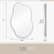 Dripex Bathroom Mirror, LED Bathroom Mirror, Asymmetrical, Touch Switch, Dimmable, 3 Light Colours, Adjustable Bathroom Mirror with Lighting, Organic Wall Mirror, Anti-Fog, 85 x 52 cm - Carlat