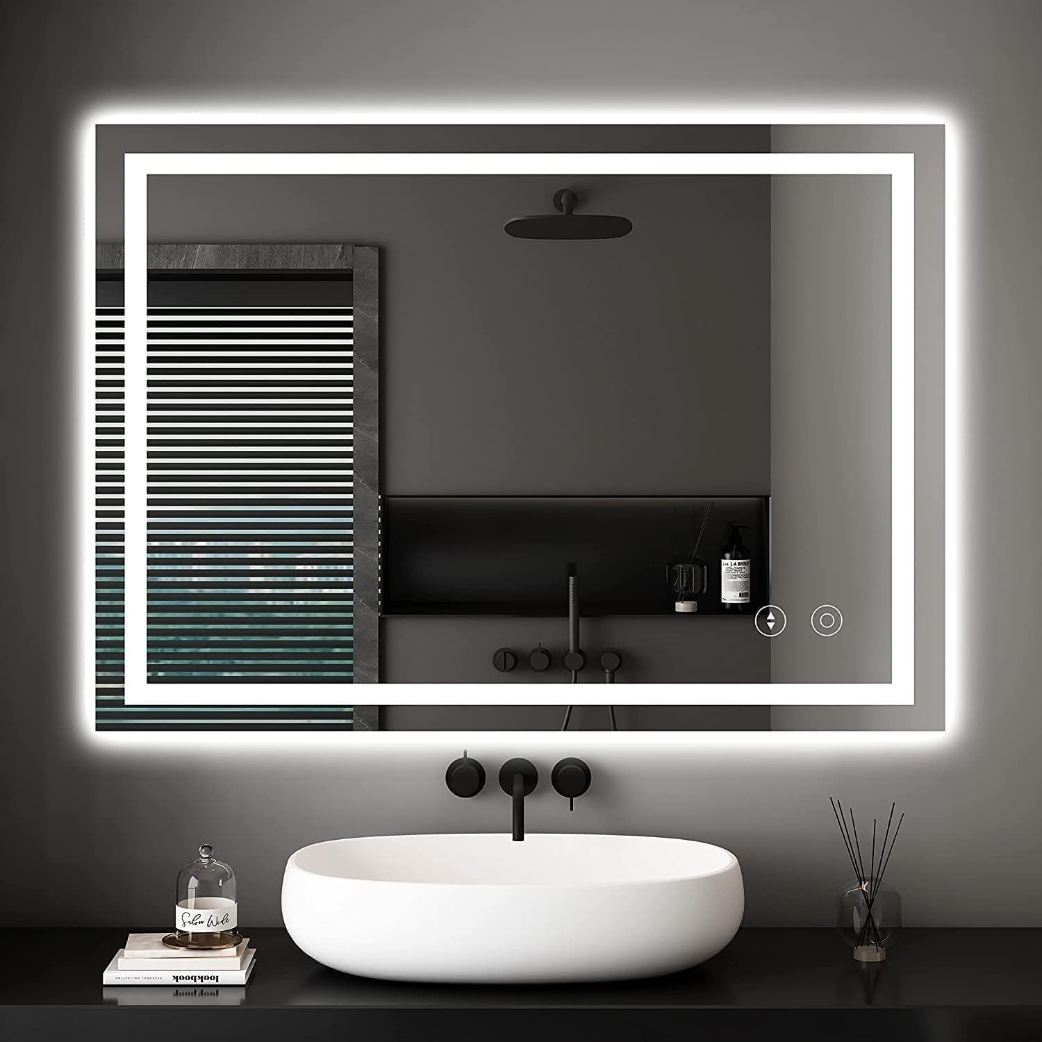 Dripex Bathroom Mirror with Lighting, LED Mirror with Clock and Socket, Dimmable, 3 Light Colours, Adjustable Bathroom Mirror with Lighting, Anti-Fog, 60 x 80 cm - Carlat