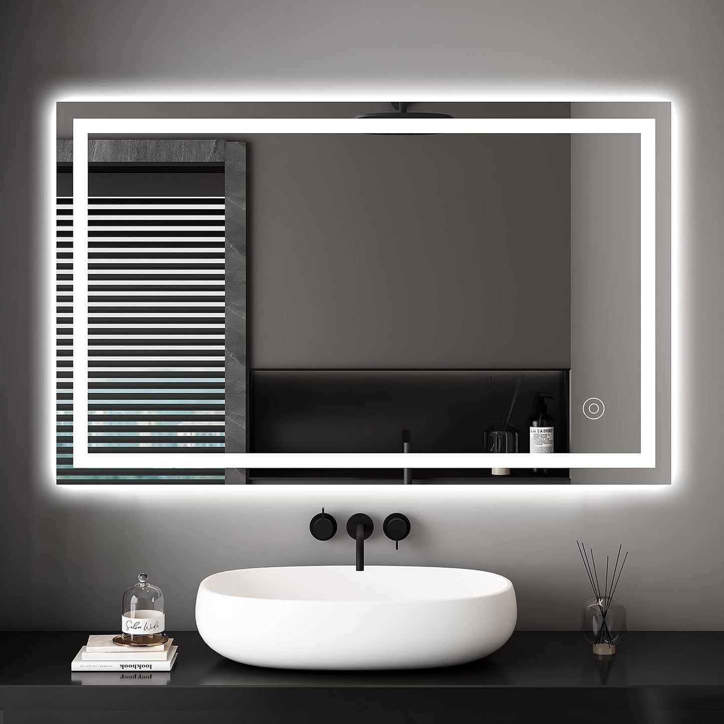 Dripex Bathroom Mirror with Lighting, LED Mirror with Clock and Socket, Dimmable, 3 Light Colours, Adjustable Bathroom Mirror with Lighting, Anti-Fog, 60 x 80 cm - Carlat