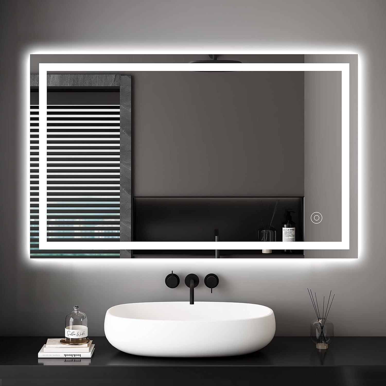Dripex Bathroom Mirror with Lighting, LED Mirror with Clock and Socket, Dimmable, 3 Light Colours, Adjustable Bathroom Mirror with Lighting, Anti-Fog, 60 x 80 cm - Carlat