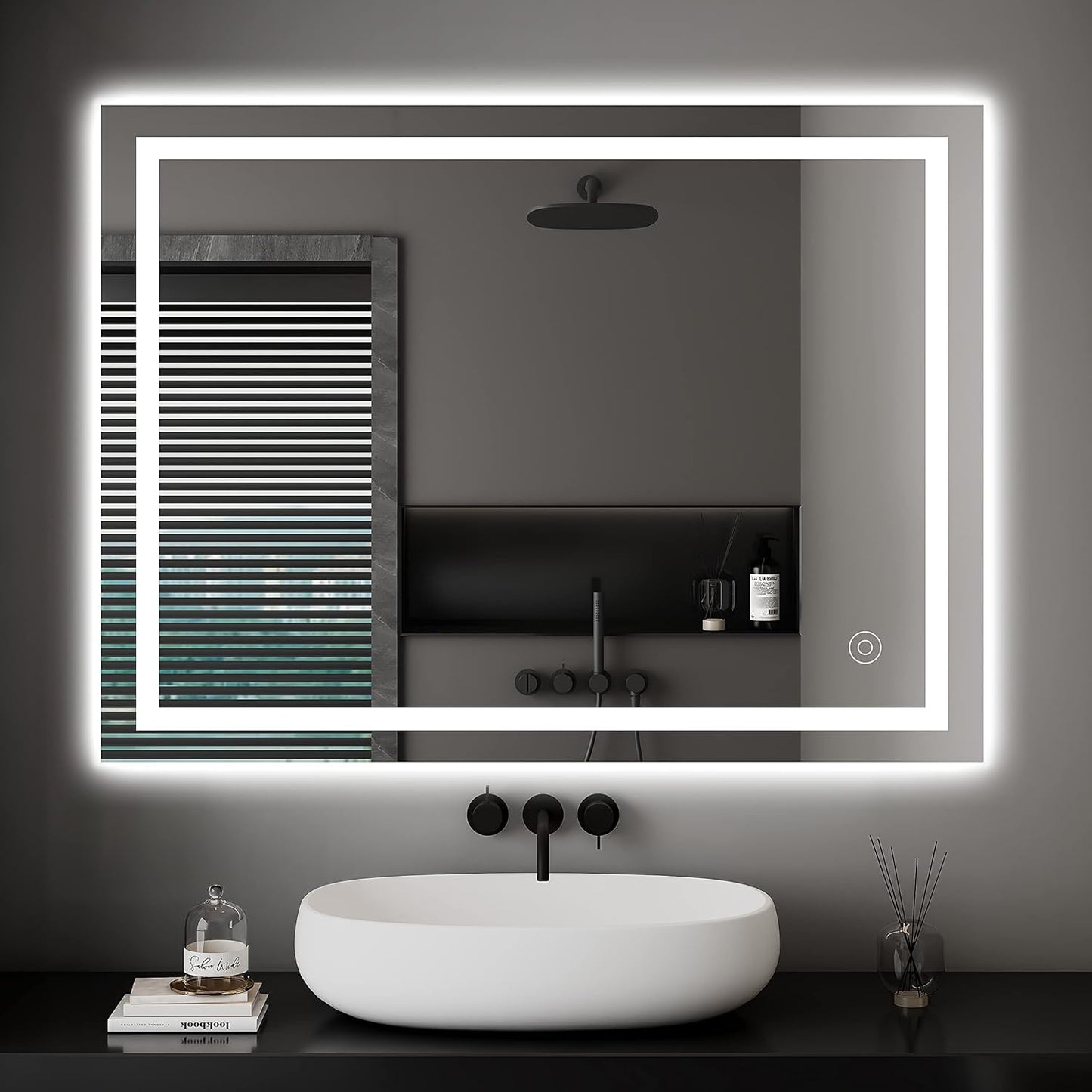 Dripex Bathroom Mirror with Lighting, LED Mirror with Clock and Socket, Dimmable, 3 Light Colours, Adjustable Bathroom Mirror with Lighting, Anti-Fog, 60 x 80 cm - Carlat
