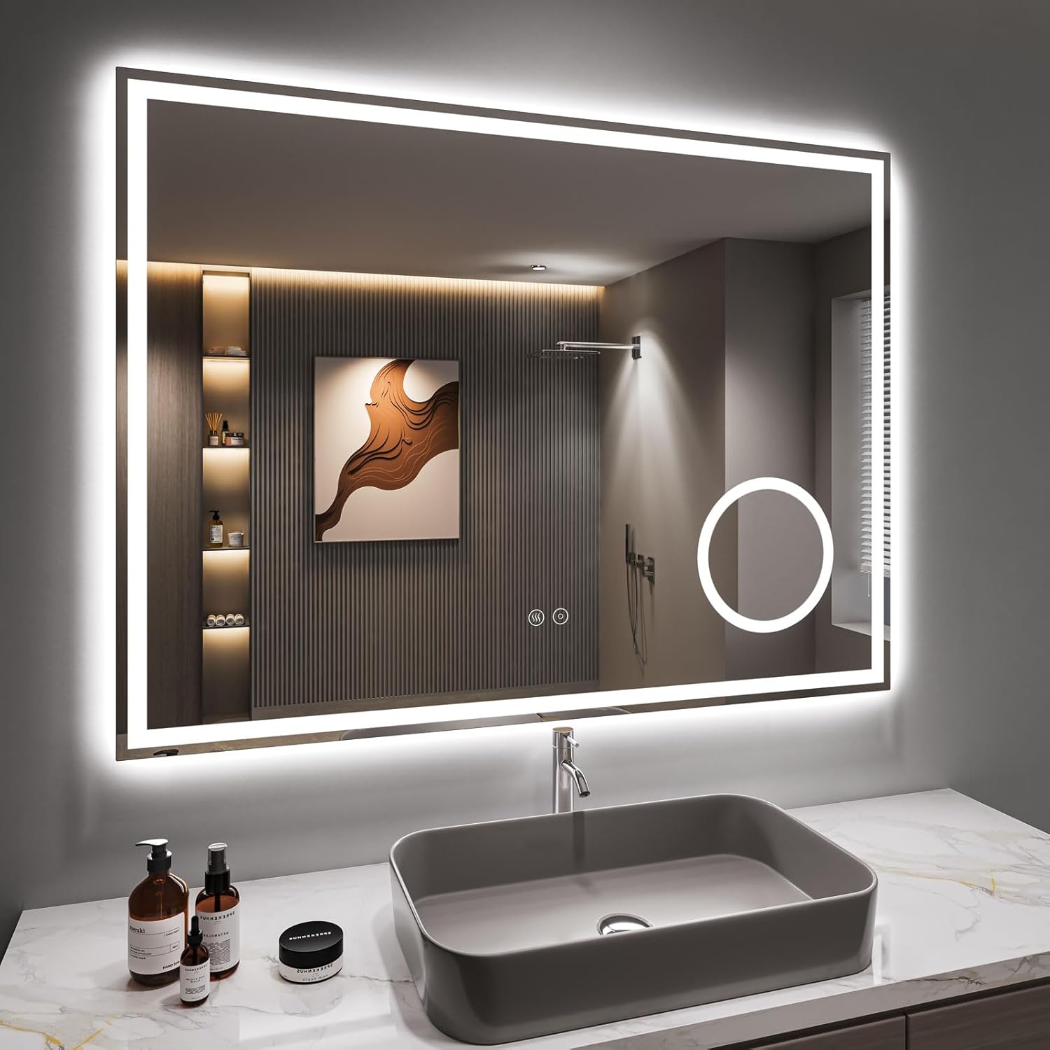 Dripex Bathroom Mirror with Lighting, LED Mirror with Clock and Socket, Dimmable, 3 Light Colours, Adjustable Bathroom Mirror with Lighting, Anti-Fog, 60 x 80 cm - Carlat
