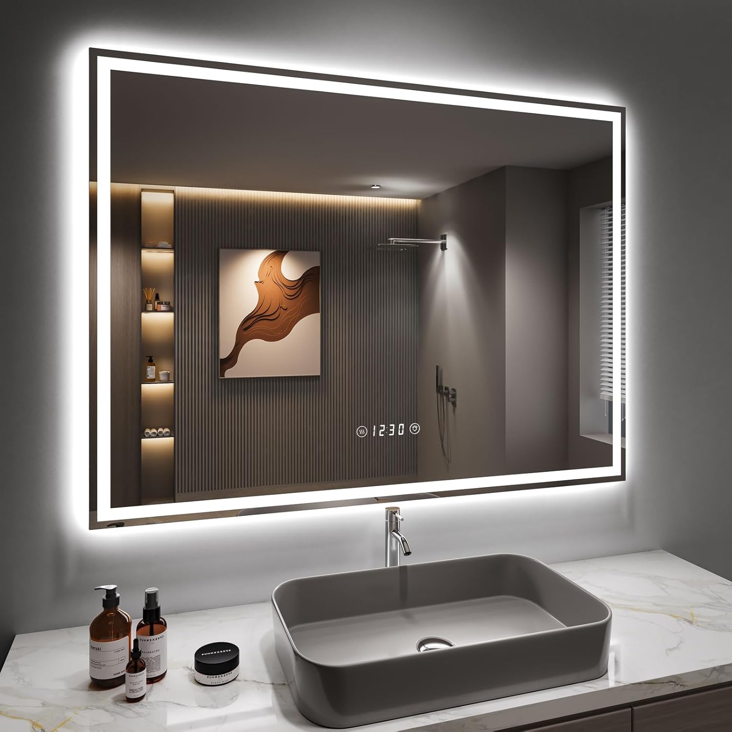 Dripex Bathroom Mirror with Lighting, LED Mirror with Clock and Socket, Dimmable, 3 Light Colours, Adjustable Bathroom Mirror with Lighting, Anti-Fog, 60 x 80 cm - Carlat