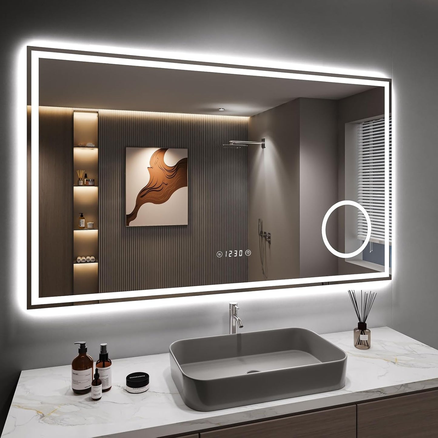 Dripex Bathroom Mirror with Lighting, LED Mirror with Clock and Socket, Dimmable, 3 Light Colours, Adjustable Bathroom Mirror with Lighting, Anti-Fog, 60 x 80 cm - Carlat