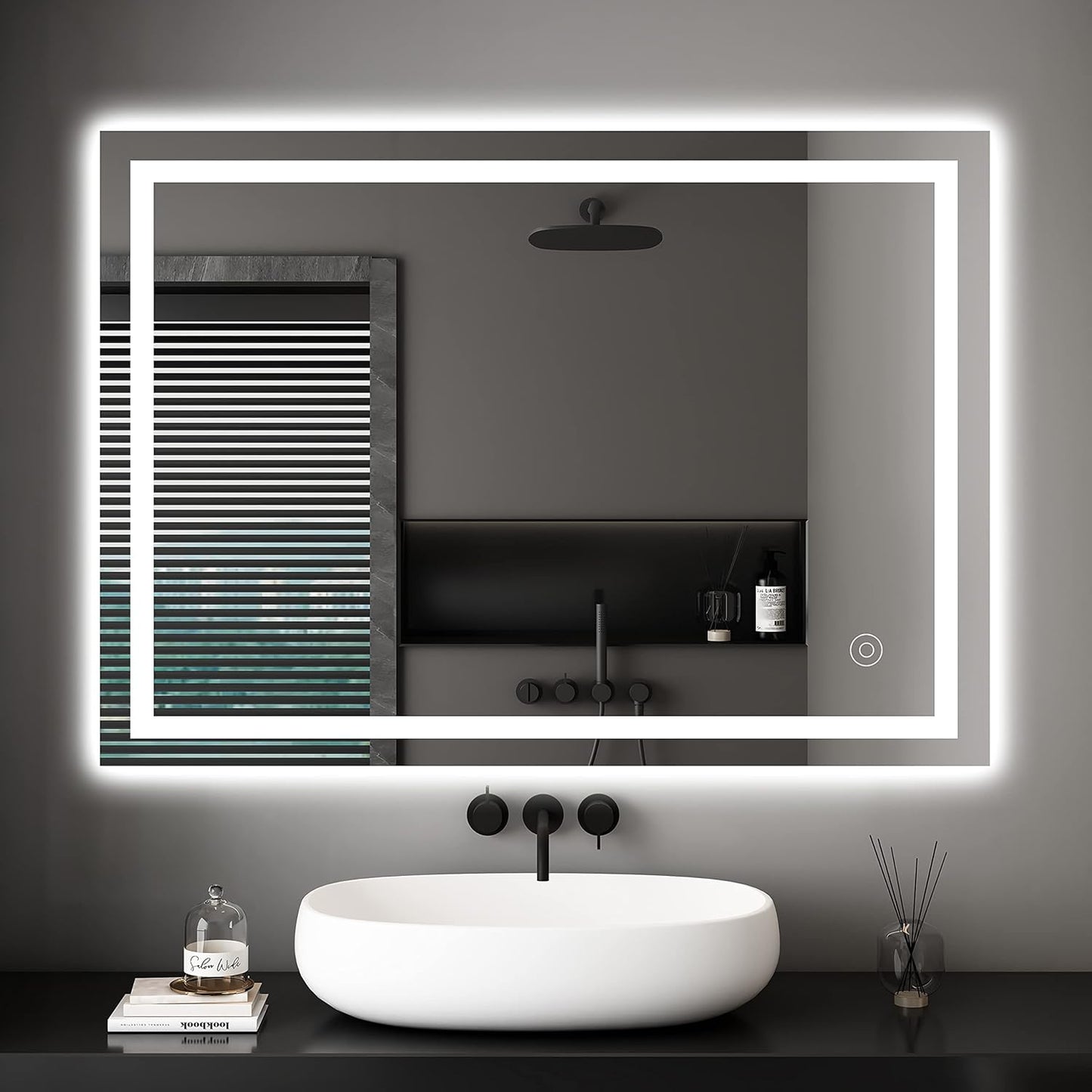 Dripex Bathroom Mirror with Lighting, LED Mirror with Clock and Socket, Dimmable, 3 Light Colours, Adjustable Bathroom Mirror with Lighting, Anti-Fog, 60 x 80 cm - Carlat