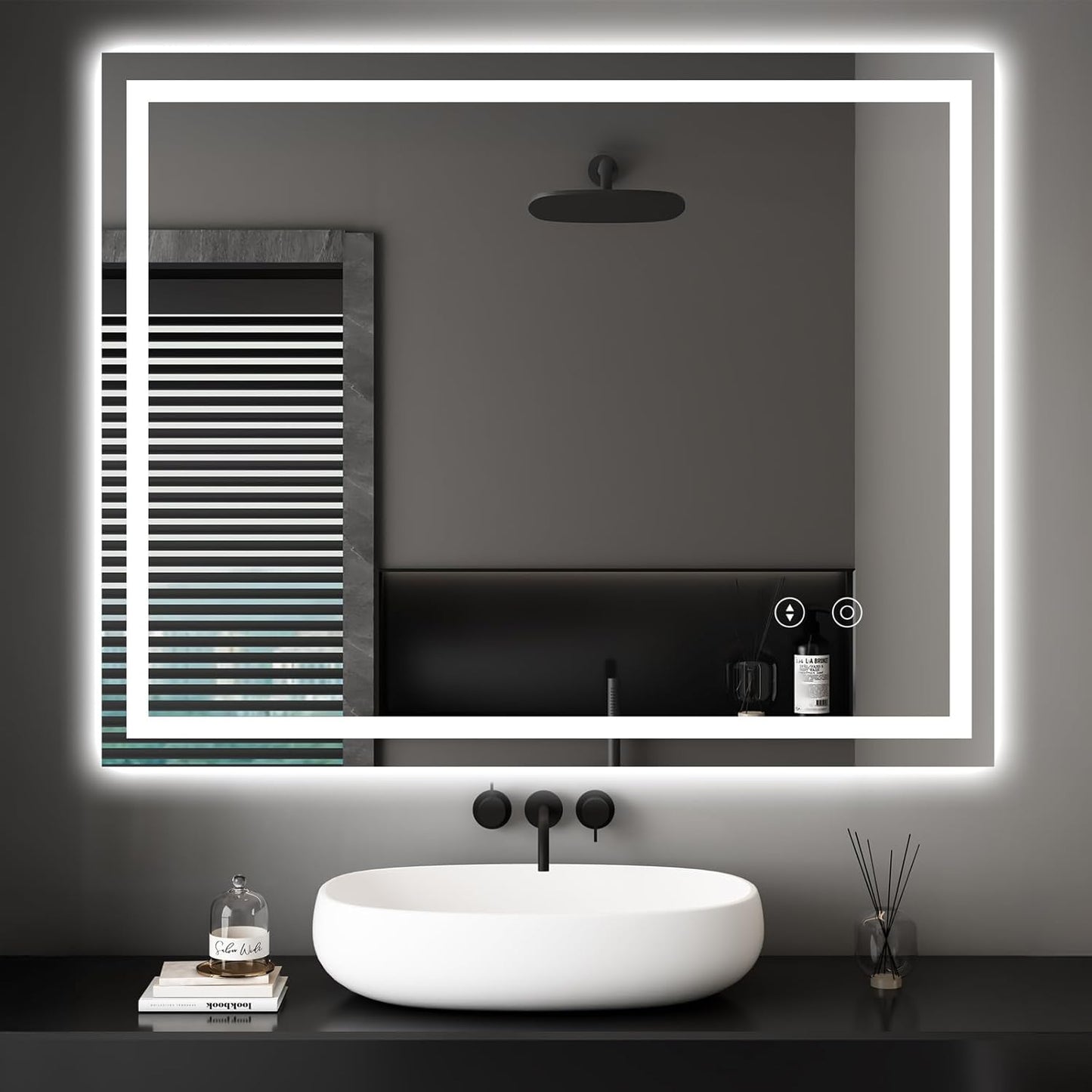 Dripex Bathroom Mirror with Lighting, LED Mirror with Clock and Socket, Dimmable, 3 Light Colours, Adjustable Bathroom Mirror with Lighting, Anti-Fog, 60 x 80 cm - Carlat