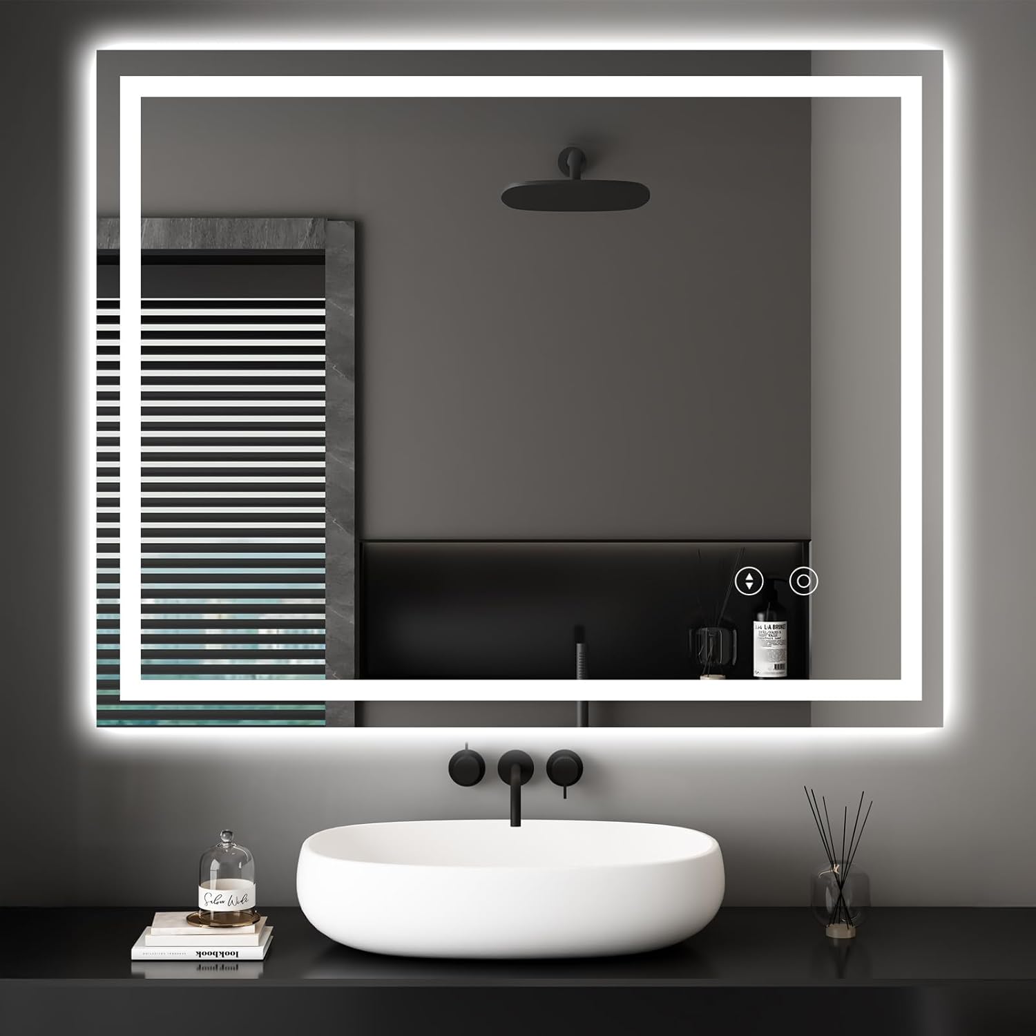 Dripex Bathroom Mirror with Lighting, LED Mirror with Clock and Socket, Dimmable, 3 Light Colours, Adjustable Bathroom Mirror with Lighting, Anti-Fog, 60 x 80 cm - Carlat