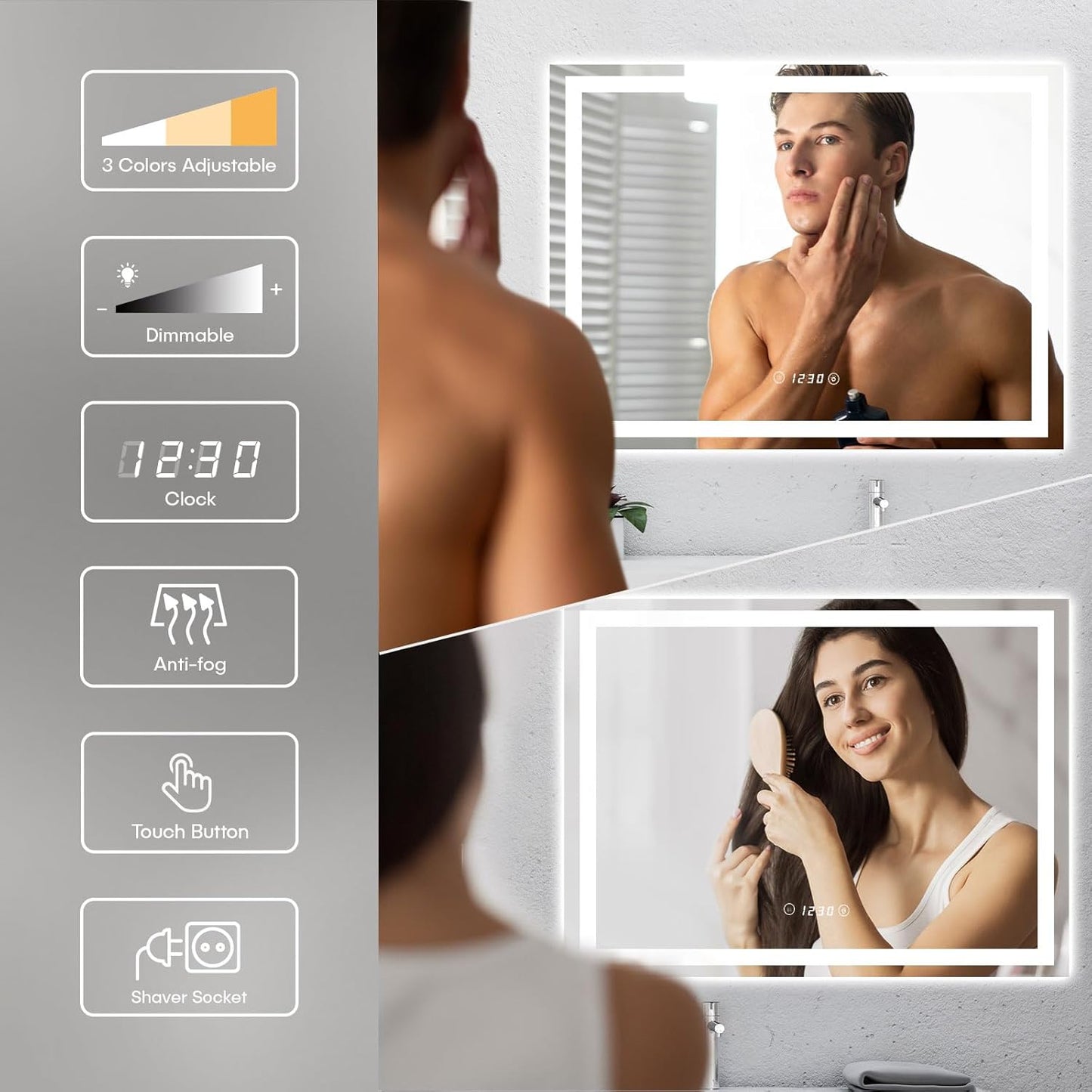Dripex Bathroom Mirror with Lighting, LED Mirror with Clock and Socket, Dimmable, 3 Light Colours, Adjustable Bathroom Mirror with Lighting, Anti-Fog, 60 x 80 cm - Carlat