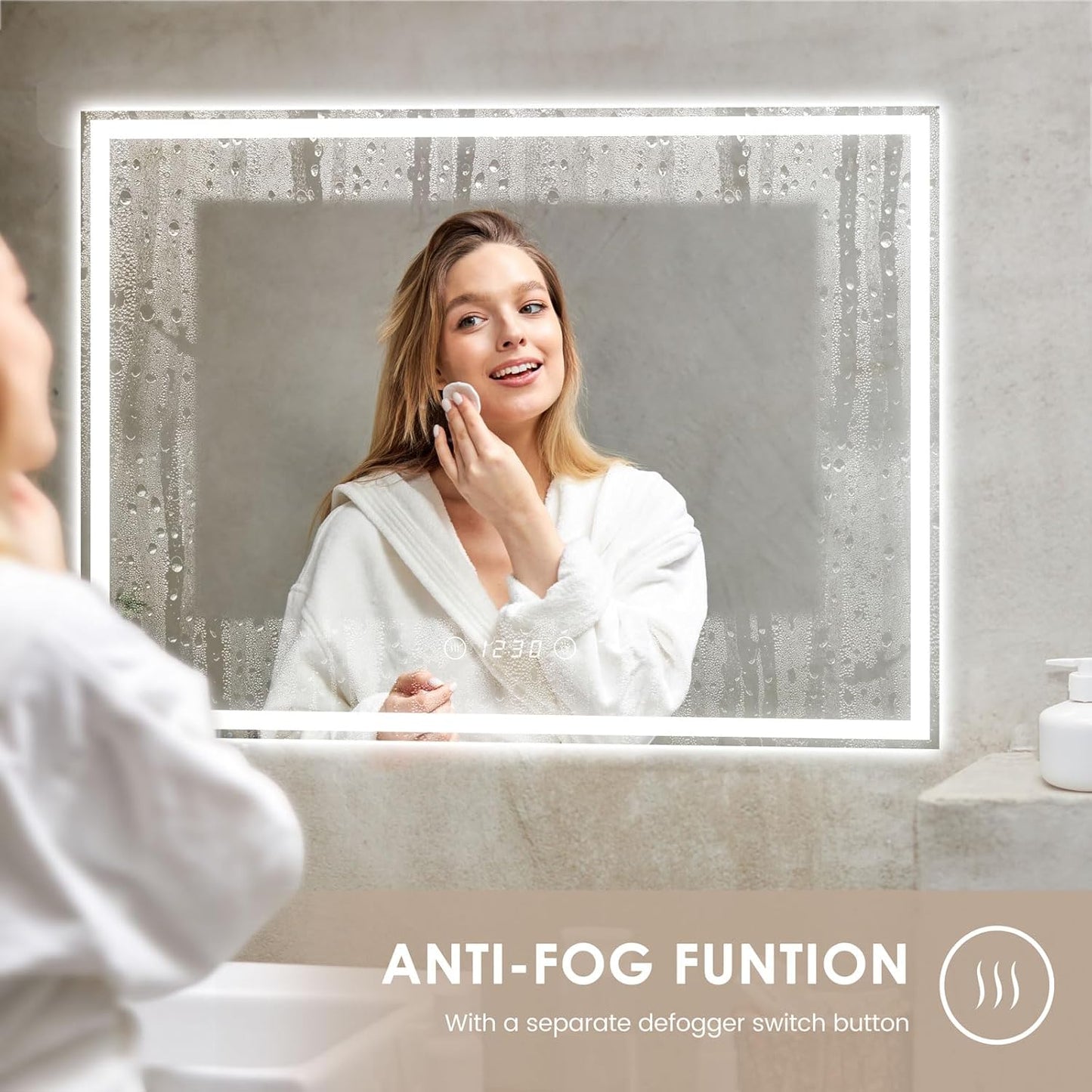 Dripex Bathroom Mirror with Lighting, LED Mirror with Clock and Socket, Dimmable, 3 Light Colours, Adjustable Bathroom Mirror with Lighting, Anti-Fog, 60 x 80 cm - Carlat