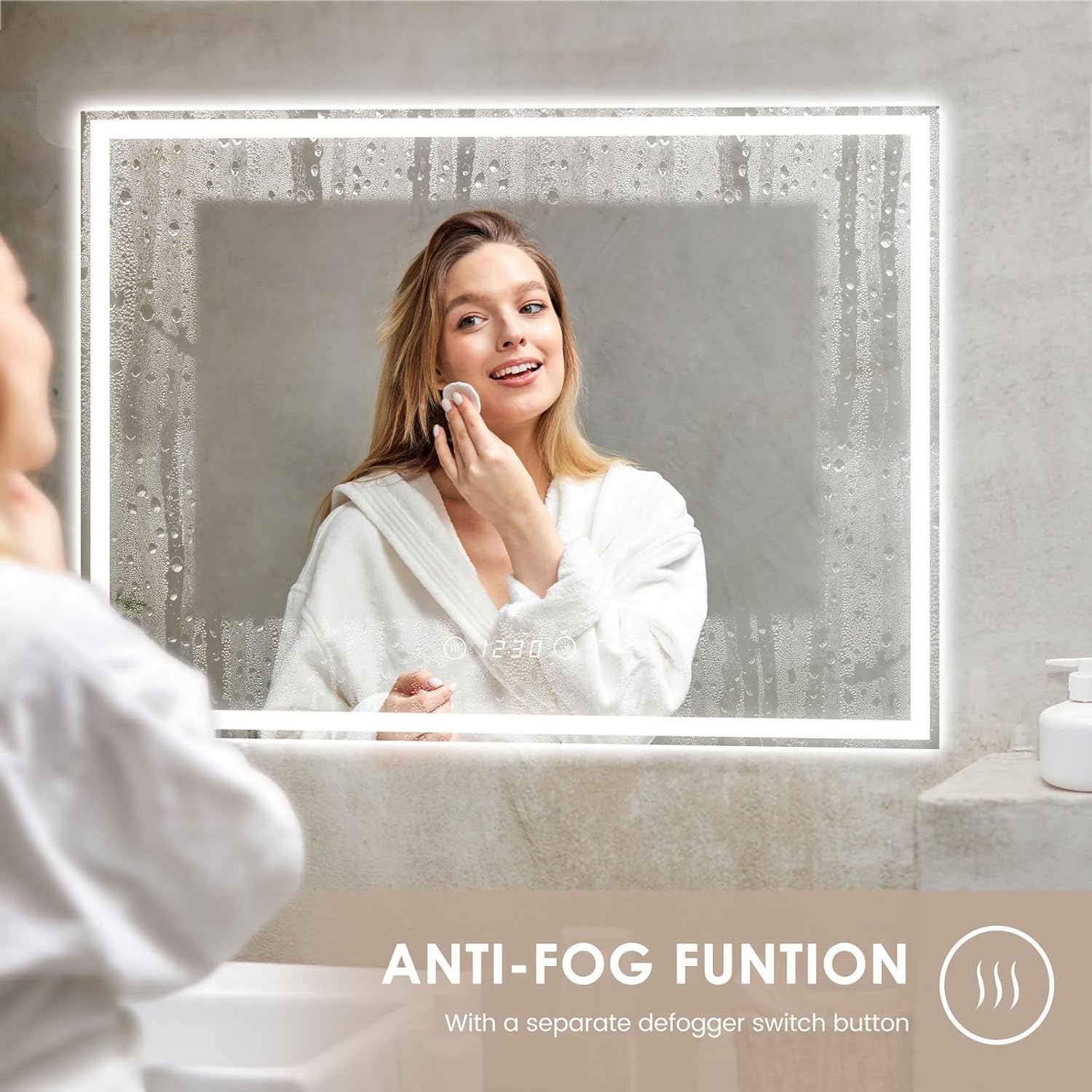 Dripex Bathroom Mirror with Lighting, LED Mirror with Clock and Socket, Dimmable, 3 Light Colours, Adjustable Bathroom Mirror with Lighting, Anti-Fog, 60 x 80 cm - Carlat