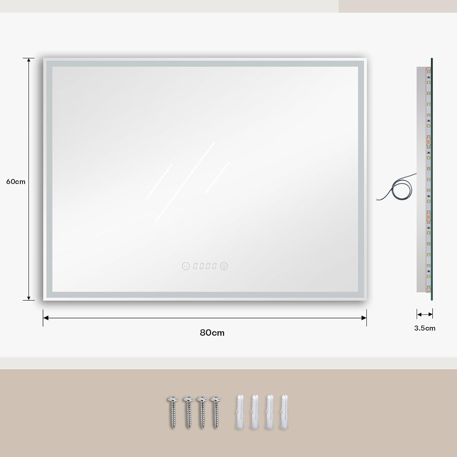 Dripex Bathroom Mirror with Lighting, LED Mirror with Clock and Socket, Dimmable, 3 Light Colours, Adjustable Bathroom Mirror with Lighting, Anti-Fog, 60 x 80 cm - Carlat