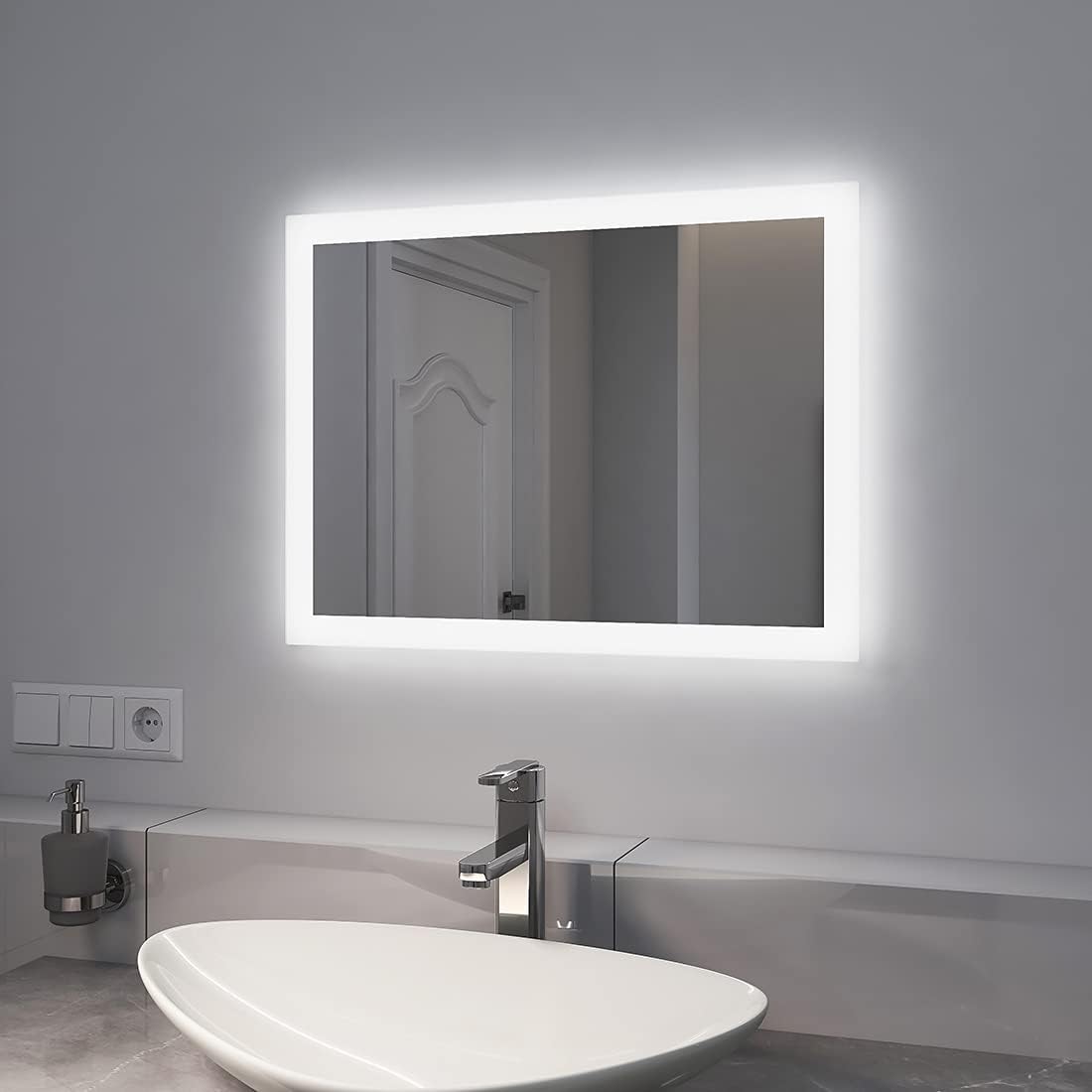 EMKE Bathroom Mirror with Lighting, 120 x 60 cm, Bathroom Mirror with Anti-Fog, Push Button Switch, Warm White Light and Cold White Light, IP44, Energy Saving Bathroom Mirror - Carlat