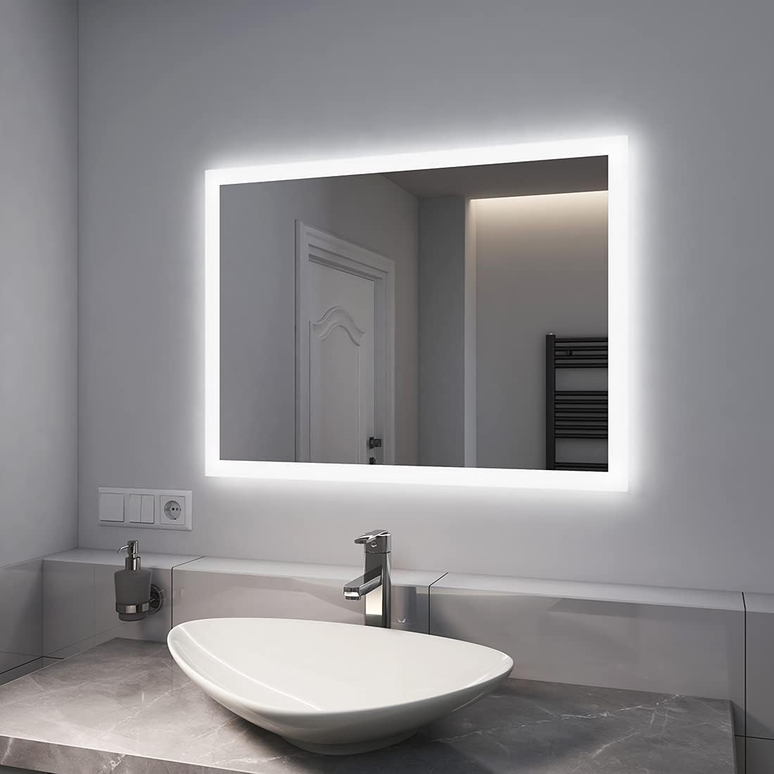 EMKE Bathroom Mirror with Lighting, 120 x 60 cm, Bathroom Mirror with Anti-Fog, Push Button Switch, Warm White Light and Cold White Light, IP44, Energy Saving Bathroom Mirror - Carlat