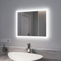 EMKE Bathroom Mirror with Lighting, 120 x 60 cm, Bathroom Mirror with Anti-Fog, Push Button Switch, Warm White Light and Cold White Light, IP44, Energy Saving Bathroom Mirror - Carlat