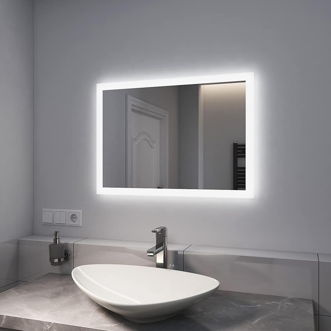 EMKE Bathroom Mirror with Lighting, 120 x 60 cm, Bathroom Mirror with Anti-Fog, Push Button Switch, Warm White Light and Cold White Light, IP44, Energy Saving Bathroom Mirror - Carlat