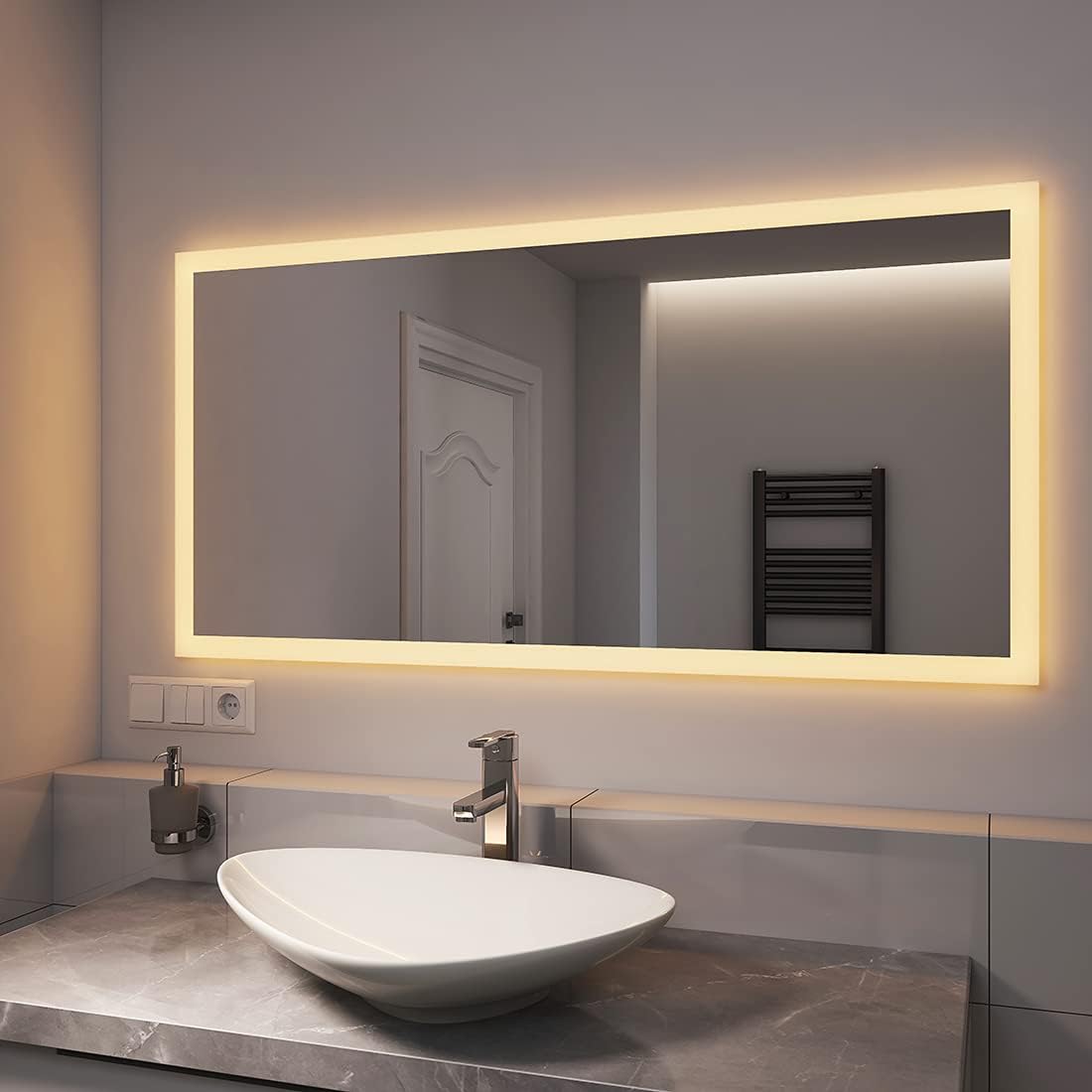 EMKE Bathroom Mirror with Lighting, 120 x 60 cm, Bathroom Mirror with Anti-Fog, Push Button Switch, Warm White Light and Cold White Light, IP44, Energy Saving Bathroom Mirror - Carlat