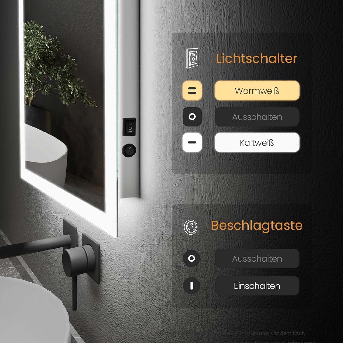 EMKE Bathroom Mirror with Lighting, 120 x 60 cm, Bathroom Mirror with Anti-Fog, Push Button Switch, Warm White Light and Cold White Light, IP44, Energy Saving Bathroom Mirror - Carlat